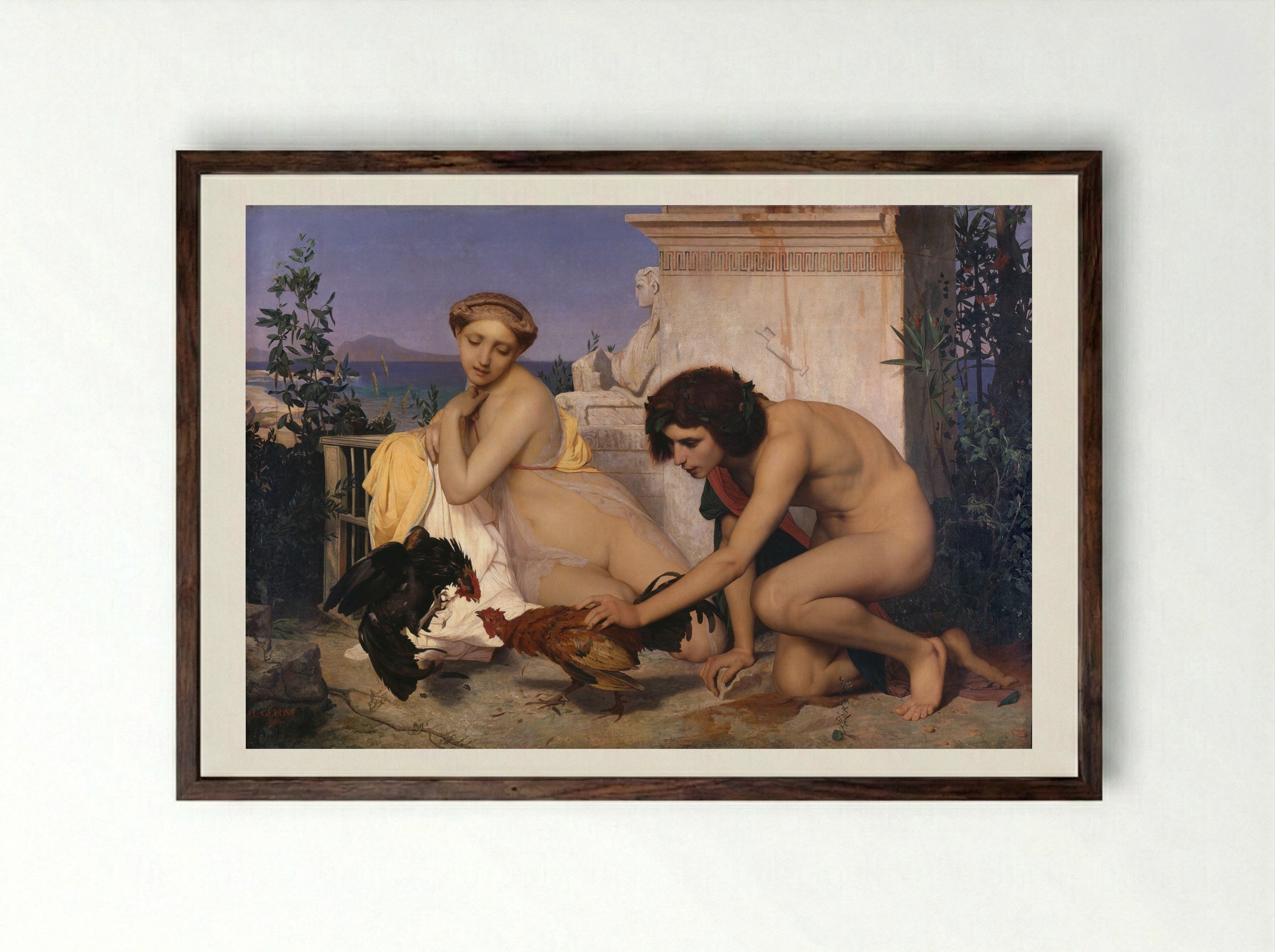 Young Greeks Attending a Cock Fight - Jean-Léon Gérôme - Framed Print Dark Wood