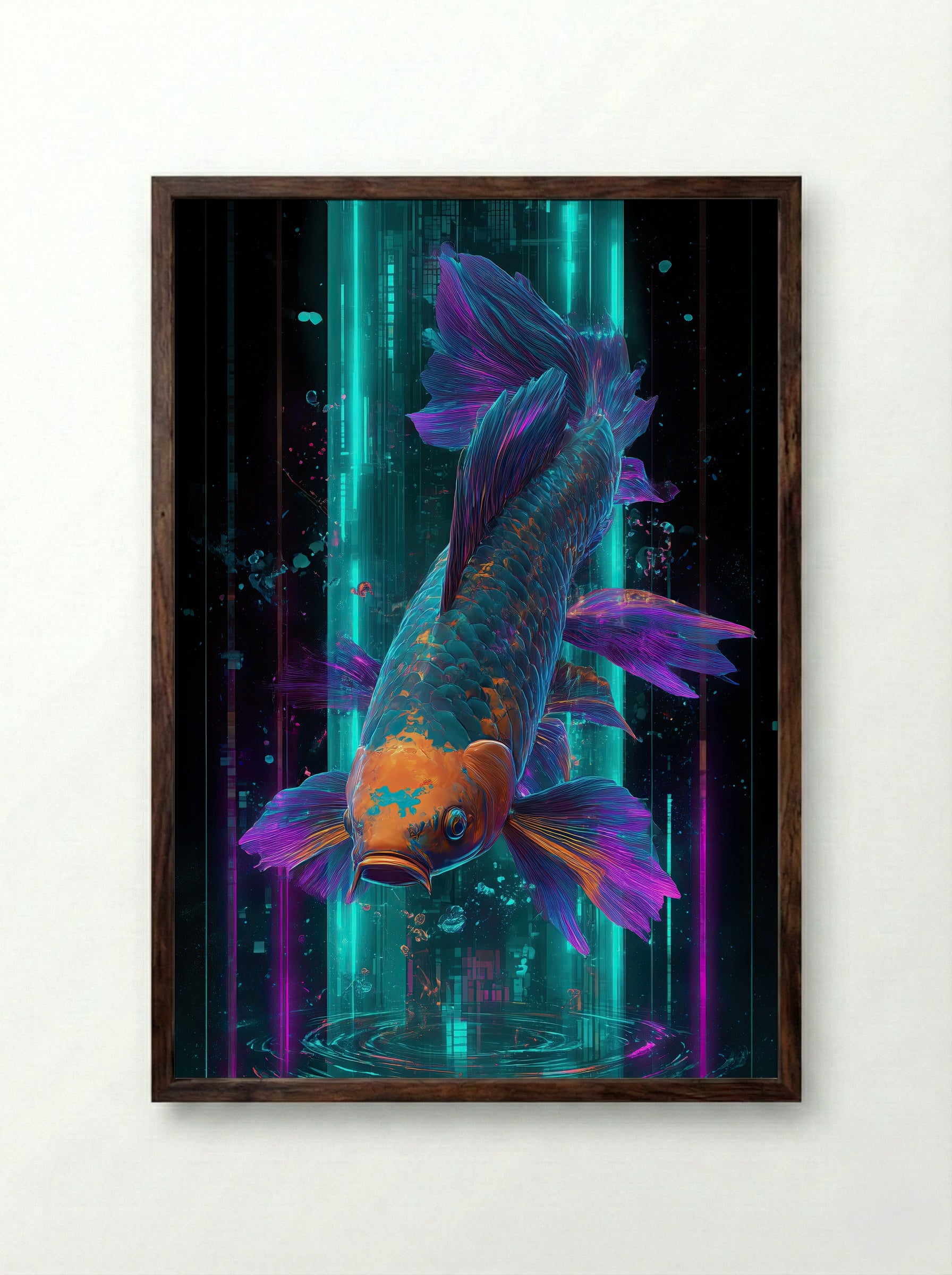 Neon Koi No.1 – Electric Teal & Violet Holographic Print - Framed Print Dark Wood