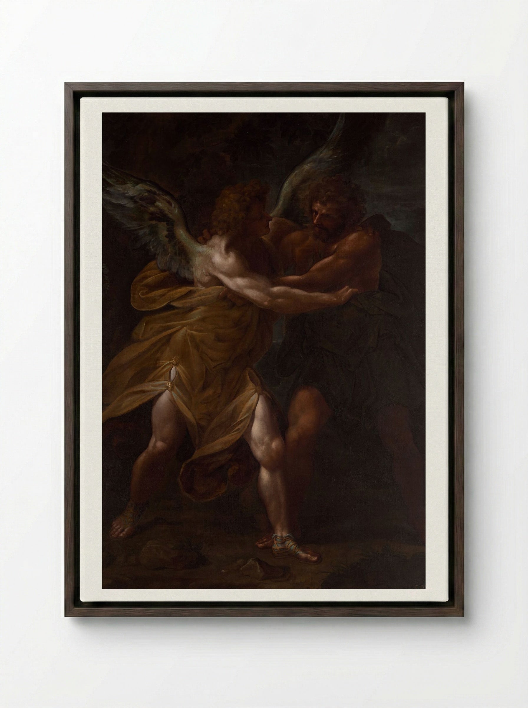 Jacob Wrestling with the Angel - Ferdinand Piloty - Framed Canvas Dark Wood