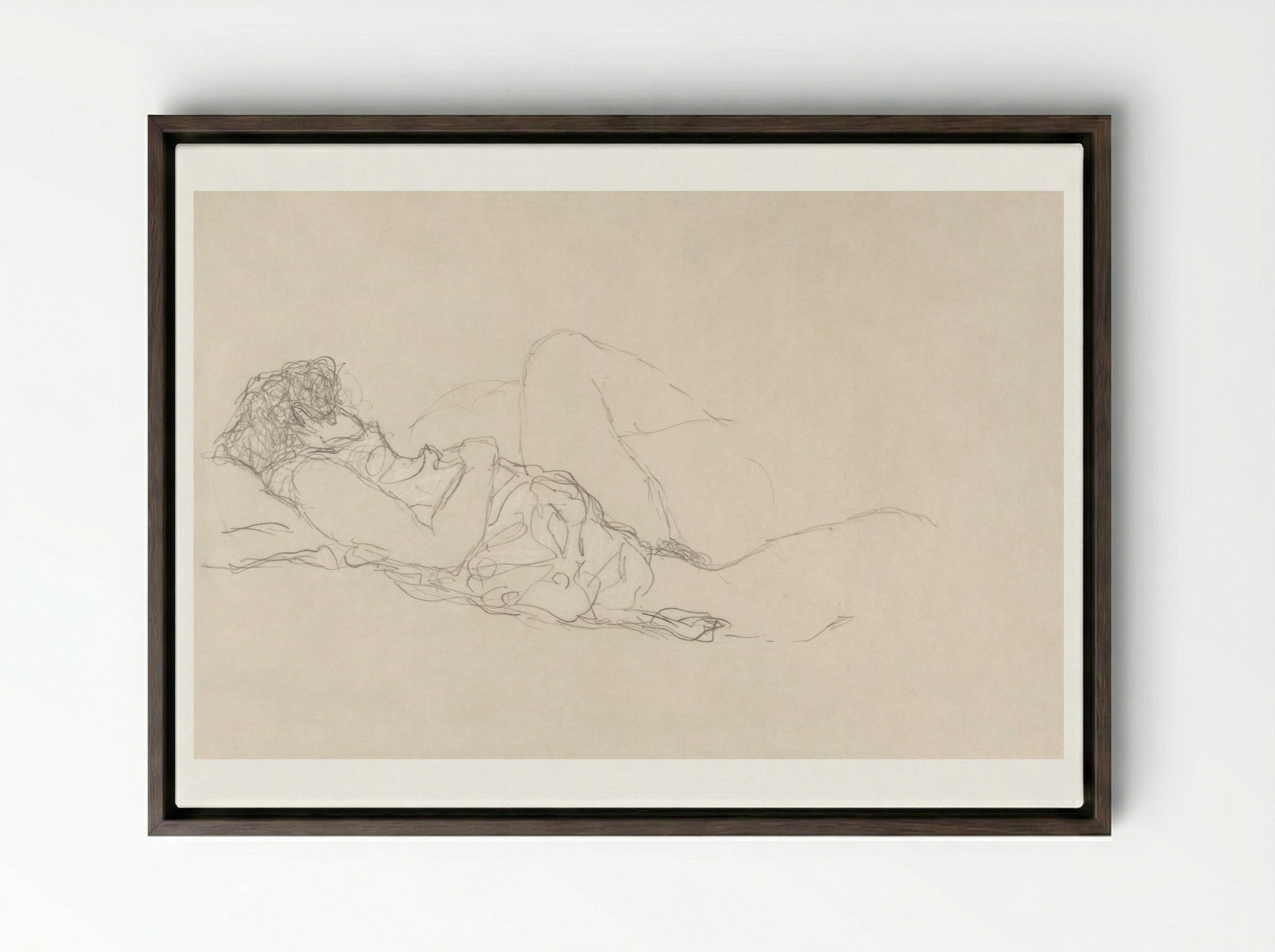 Sleeping Woman - Gustav Klimt - Framed Canvas Dark Wood