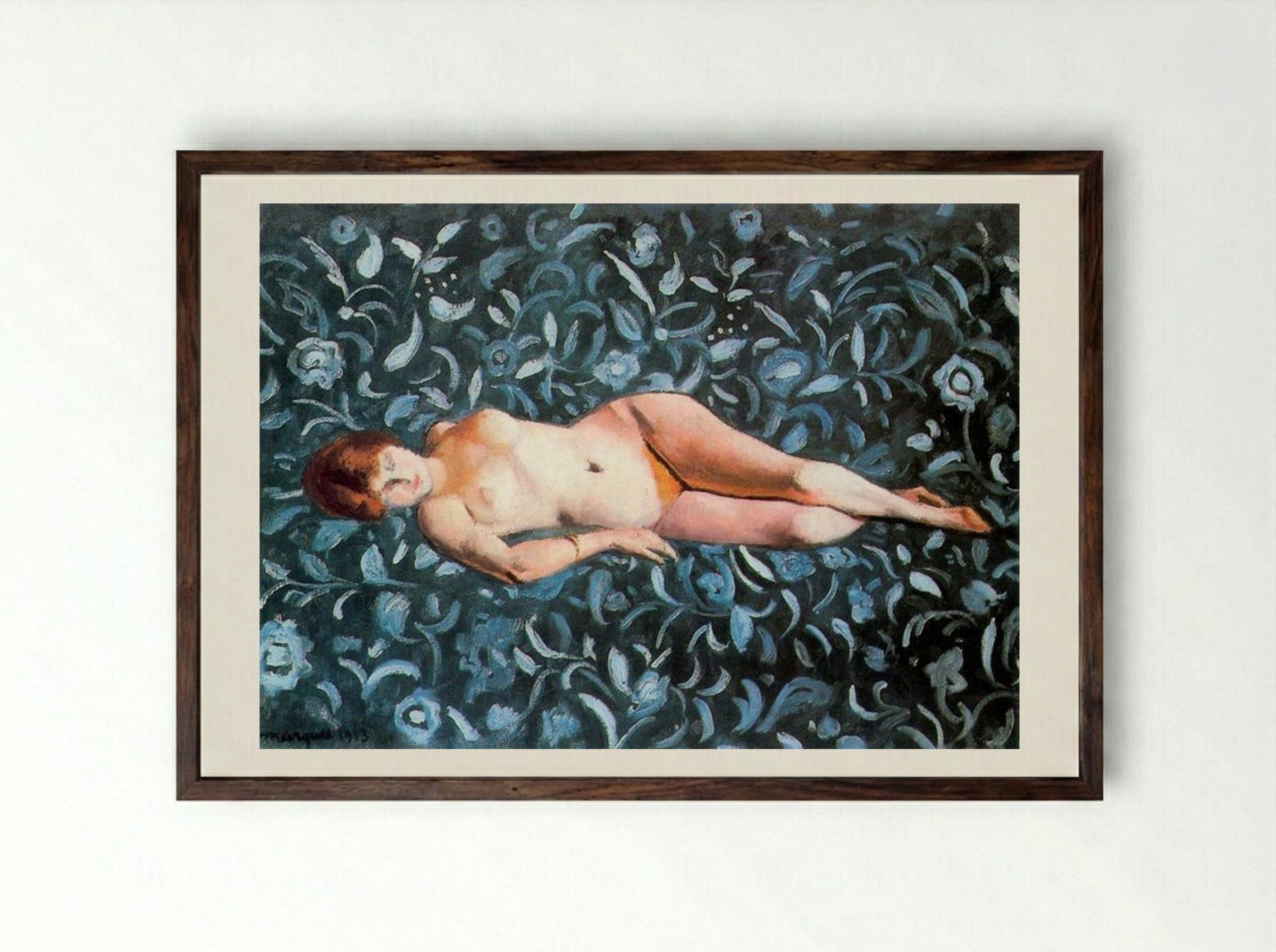 Nude on a Blue Background - Albert Marquet - Framed Print Dark Wood