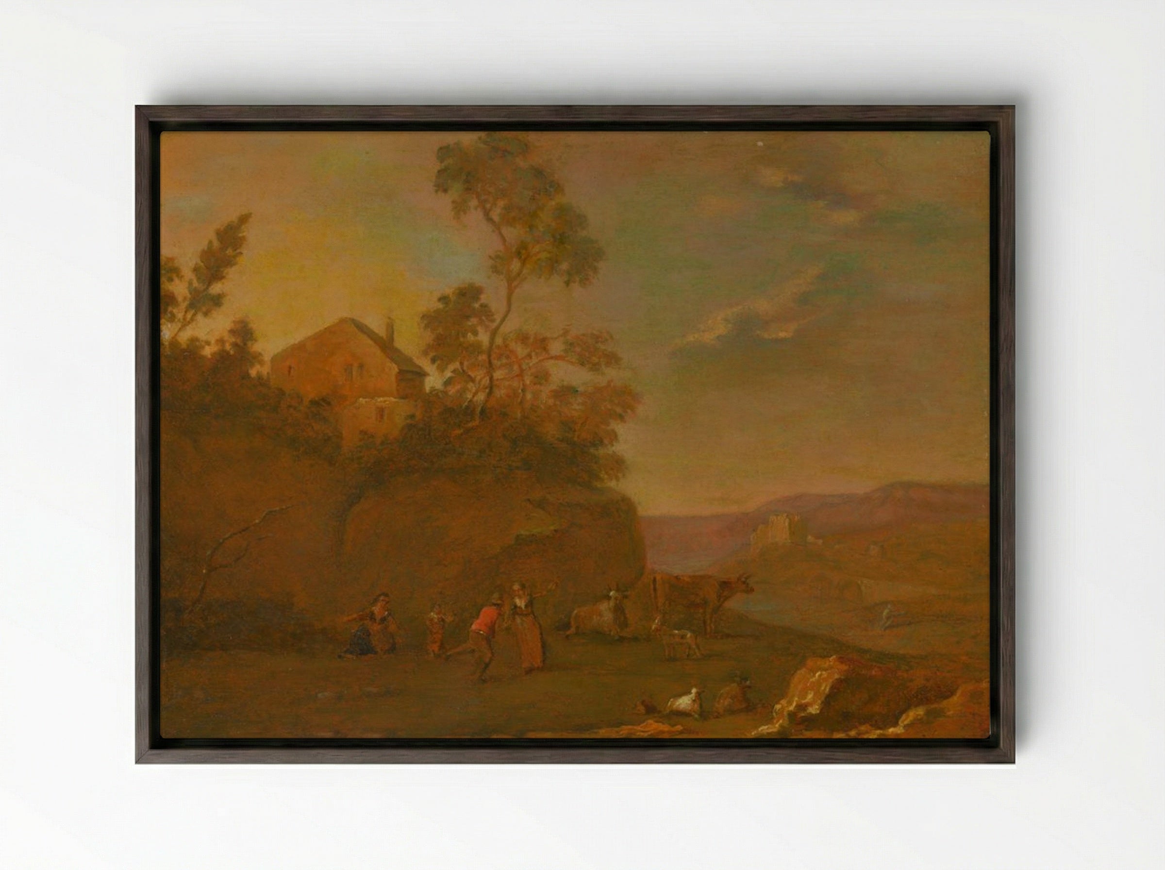 Early Evening: Landscape with Figures and Cattle - Thomas Gainsborough - Framed Canvas Dark Wood