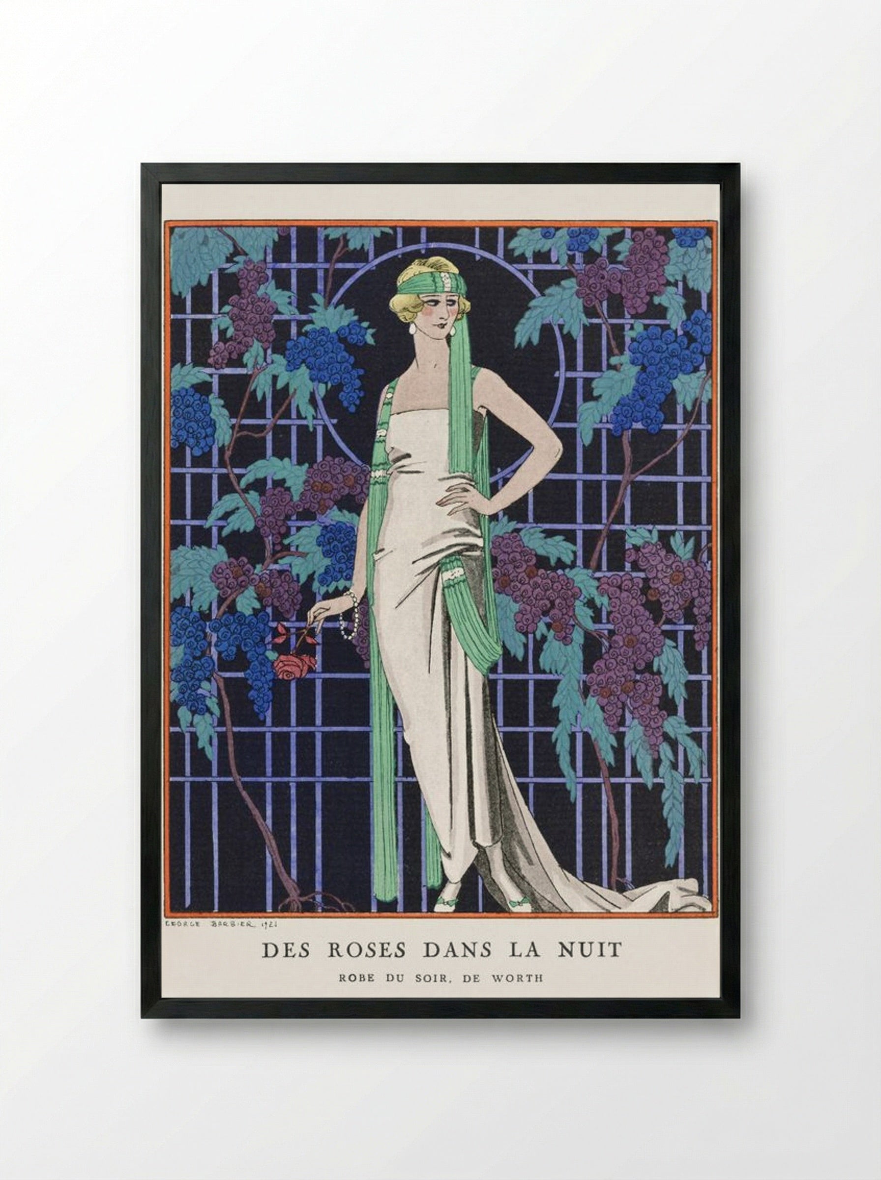 Des Roses dans la Nuit (Evening Dress by Worth) - George Barbier - Framed Print Black