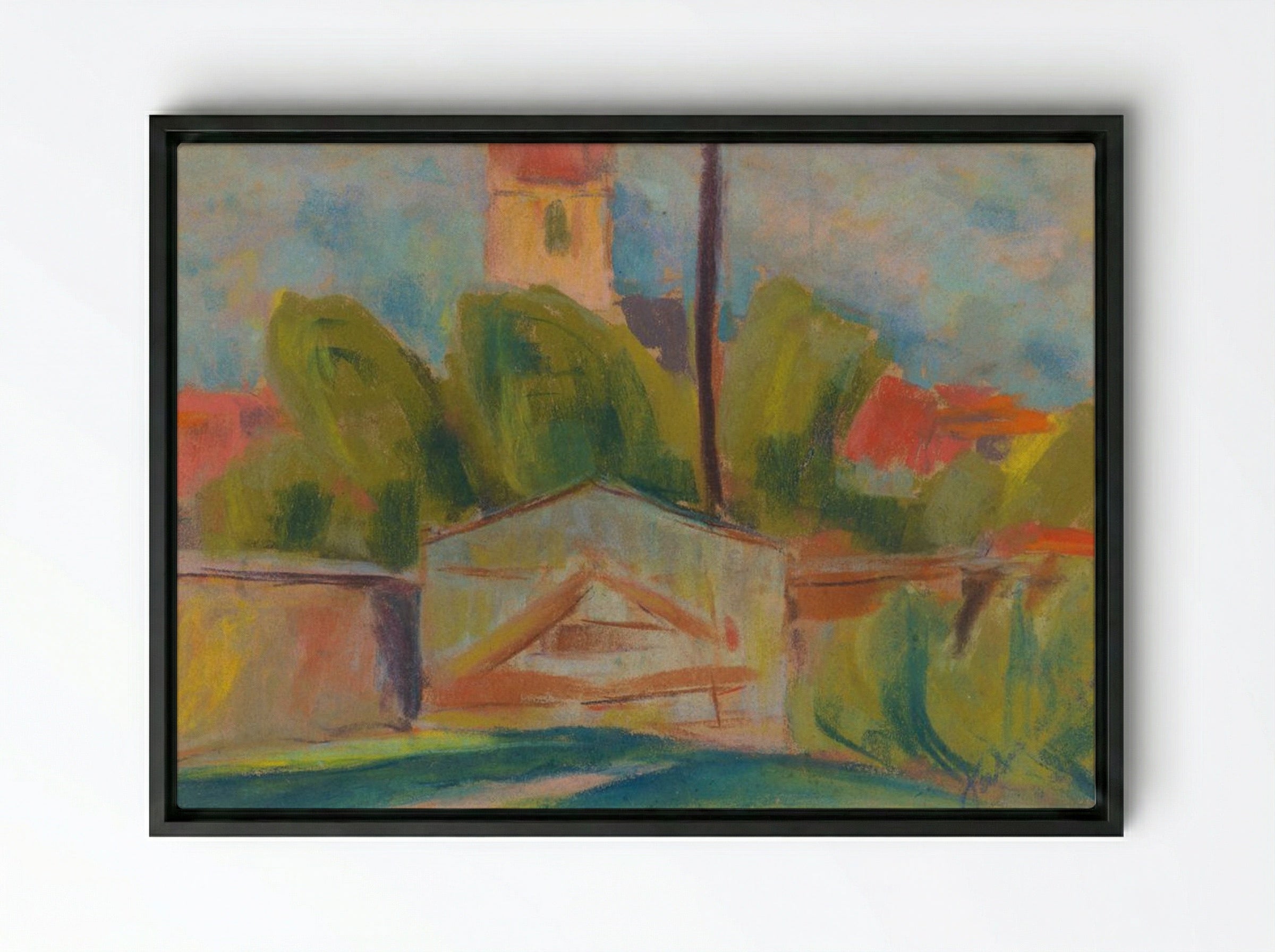 Village with a Church - Zolo Palugyay - Framed Canvas Black
