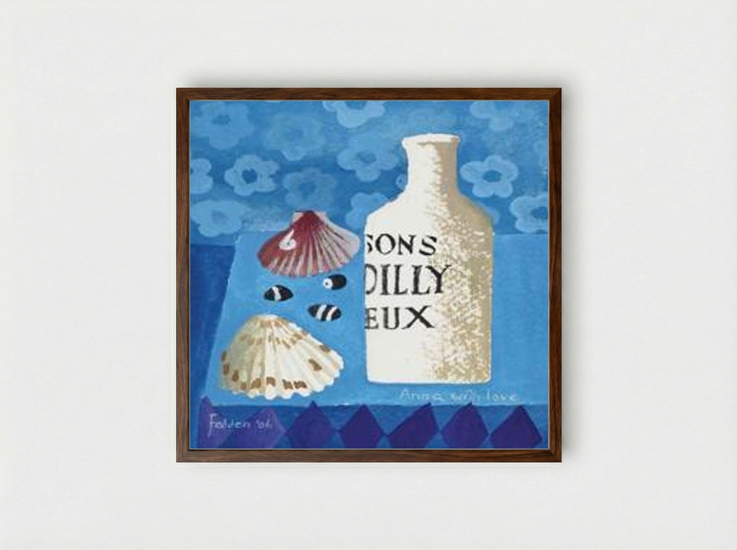 Still Life with Bottle and Shells - Mary Fedden - Framed Print Dark Wood