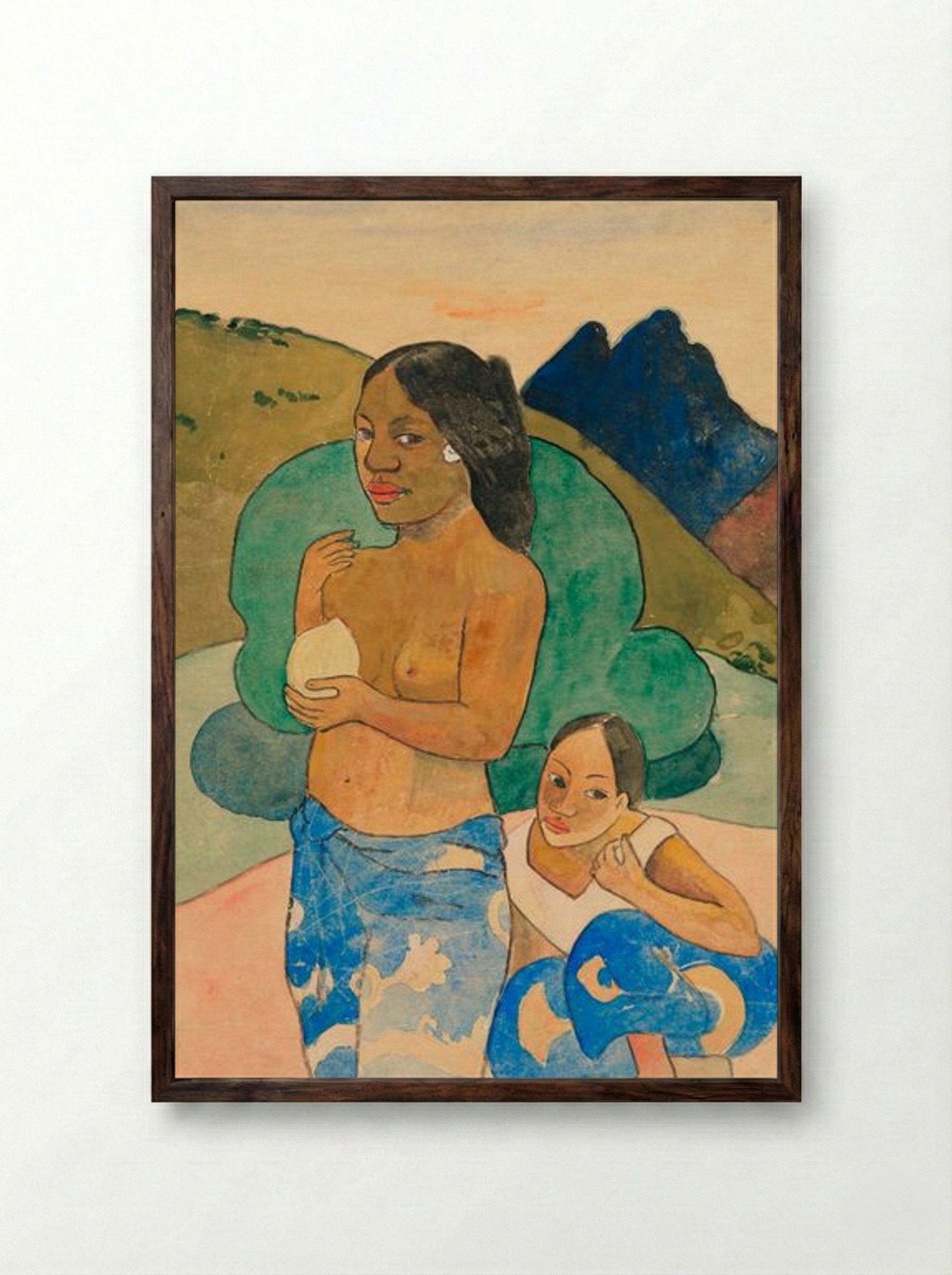 Two Tahitian Women in a Landscape - Paul Gauguin - Framed Print Dark Wood