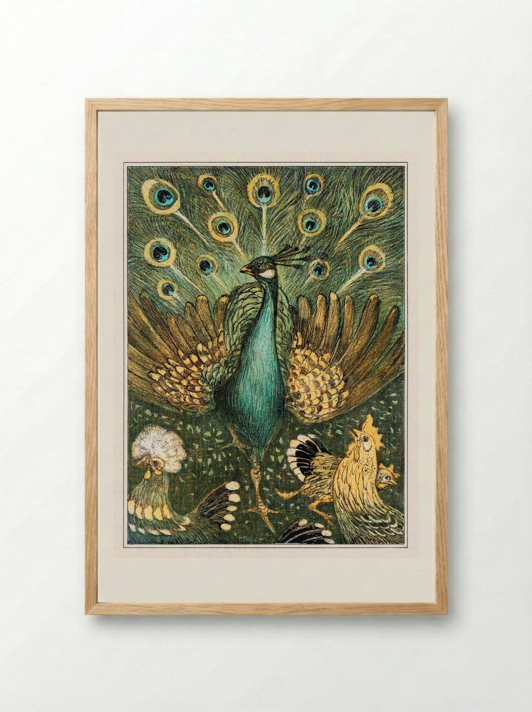 Peacock with Chickens - Theo van Hoytema - Framed Print Wood