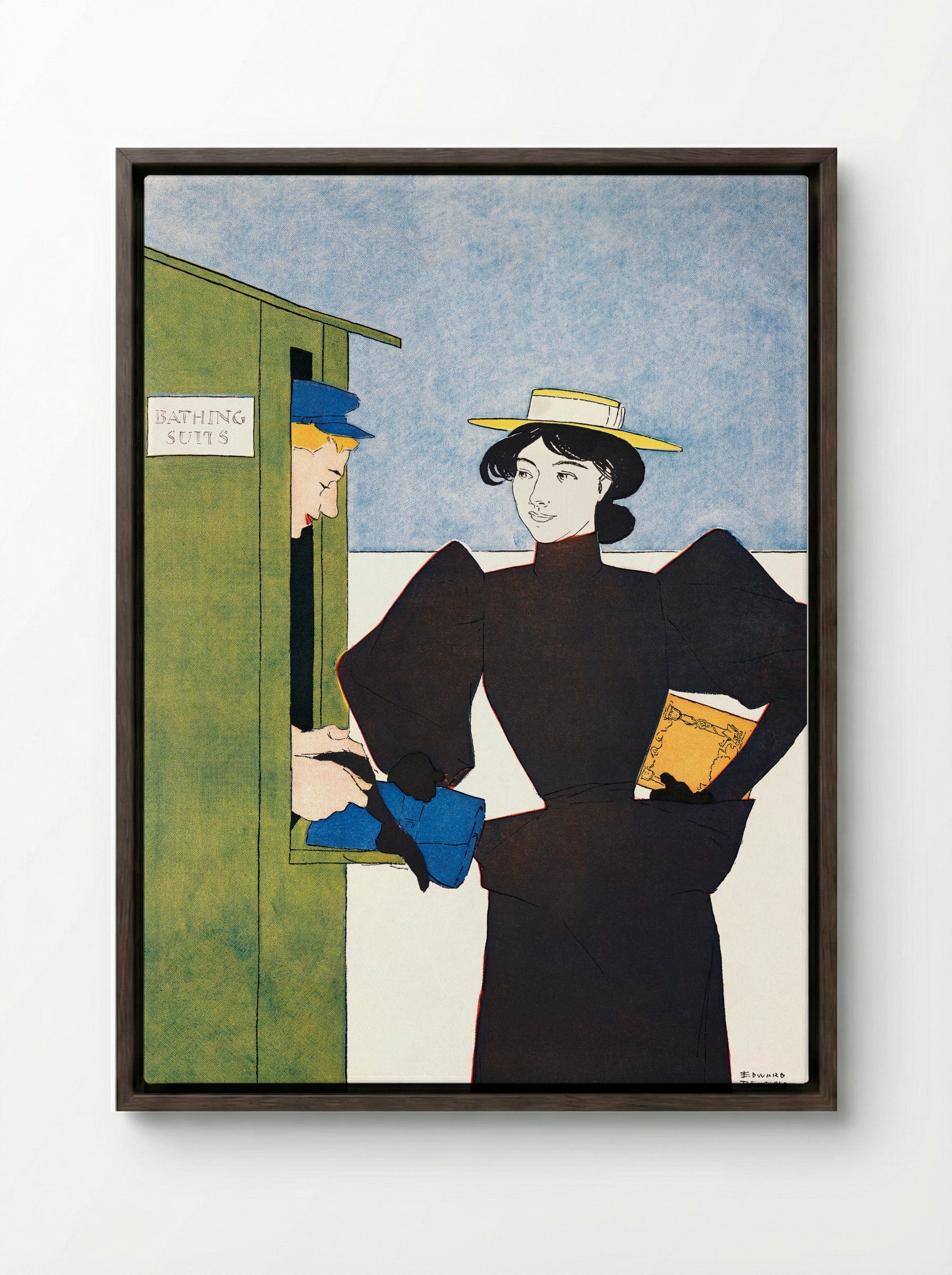 Woman Picking Up Bathing Suits - Edward Penfield - Framed Canvas Dark Wood