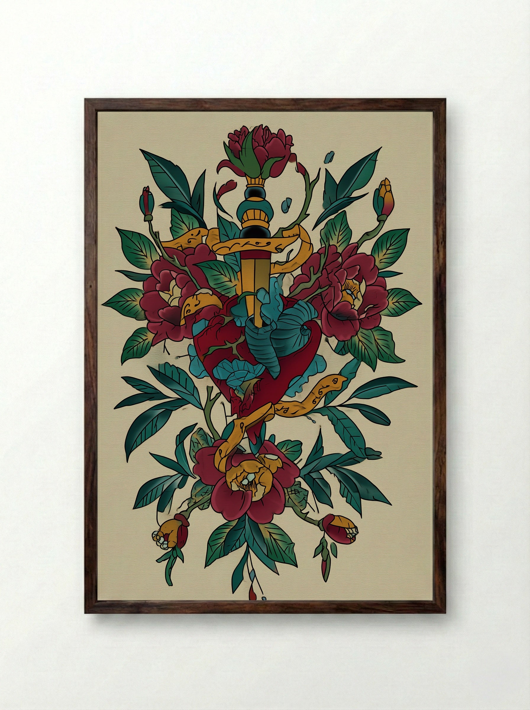 Dagger Through Heart and Flowers - Neo Traditional Tattoo Print - Framed Print Dark Wood