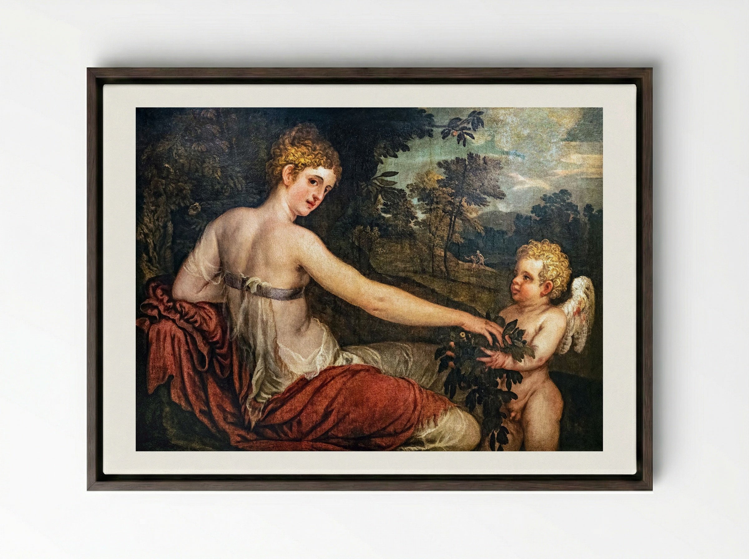Flora with Cupid in a Landscape - Lambert Sustris - Framed Canvas Dark Wood