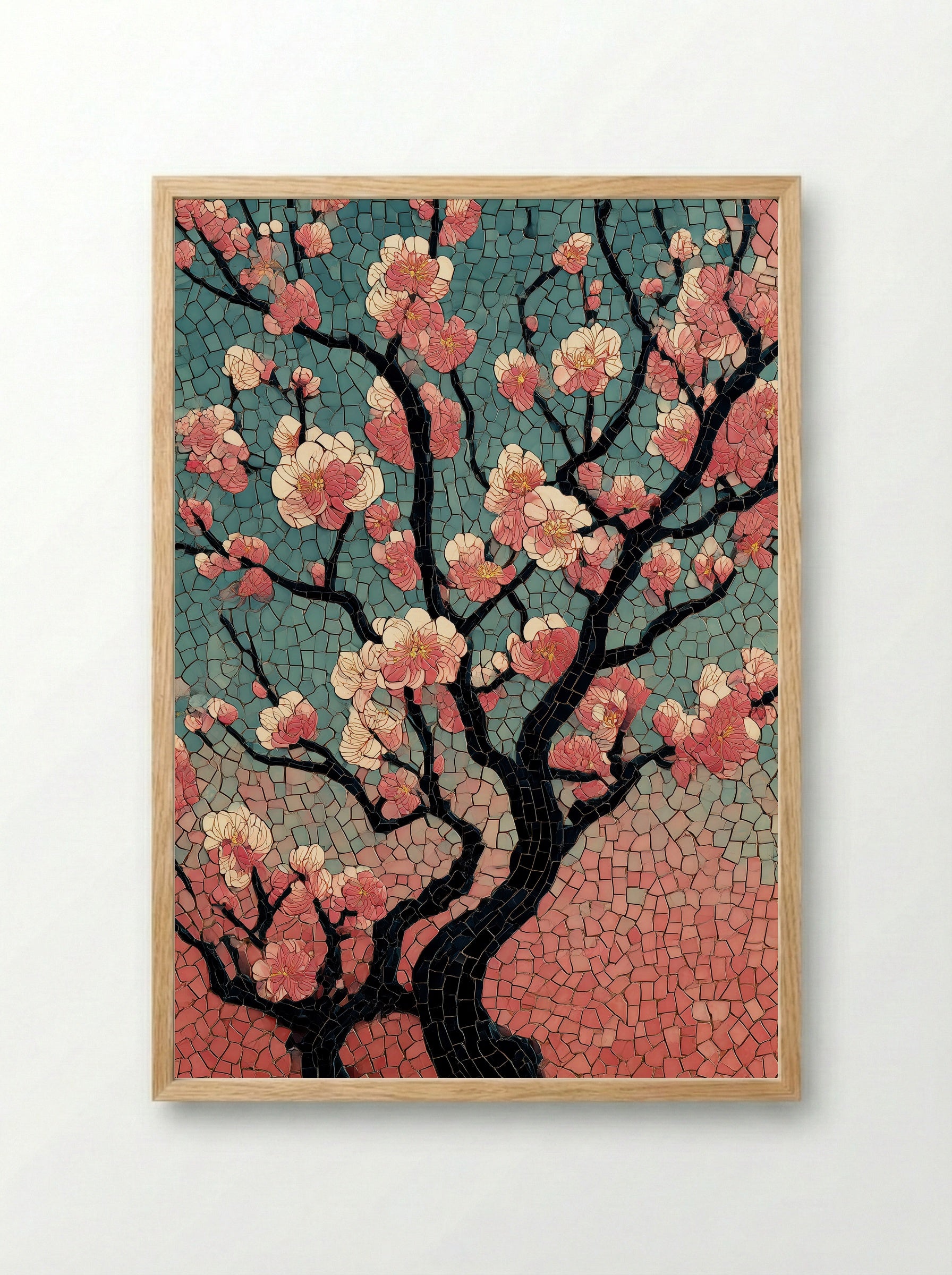 Plum Blossoms at Kameido Shrine - Japanese Mosaic Print - Framed Print Wood