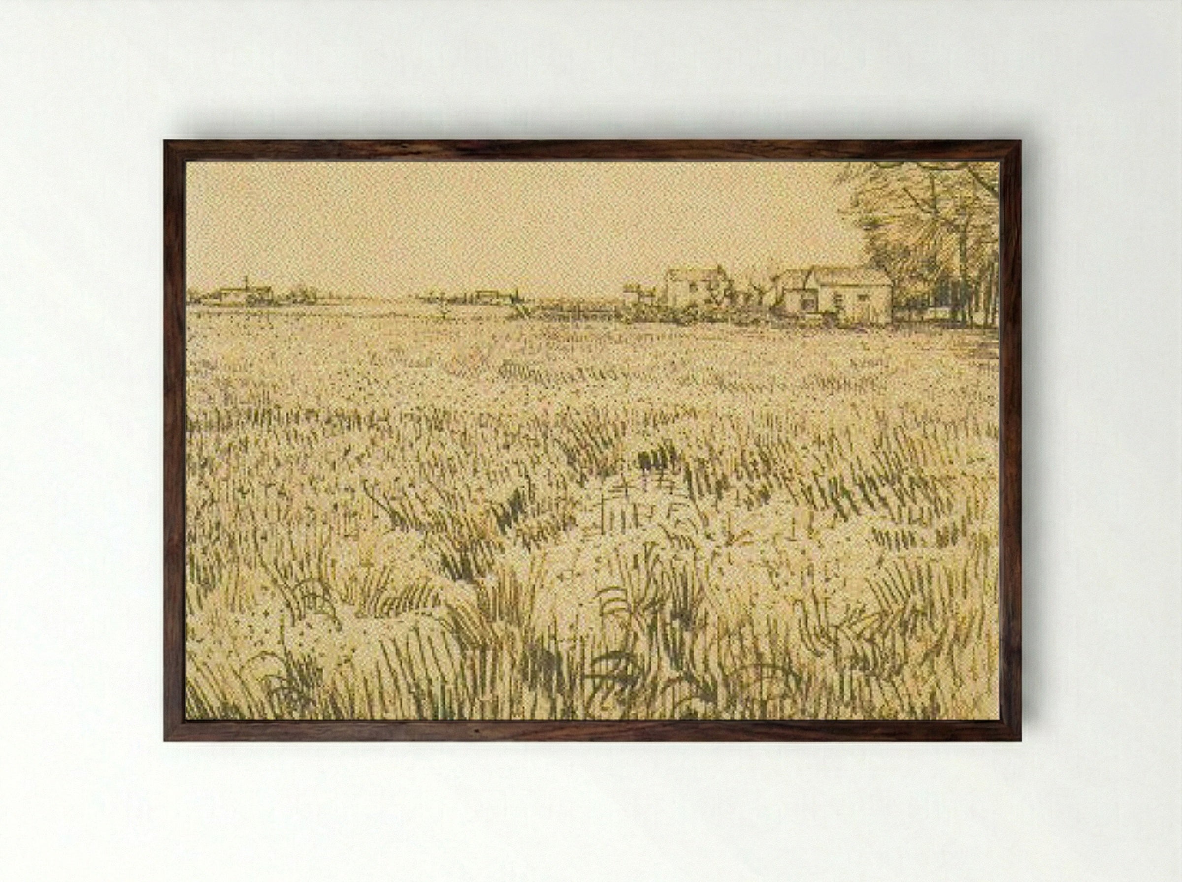Wheatfield (Wheatfield with Houses) - Vincent van Gogh - Framed Print Dark Wood