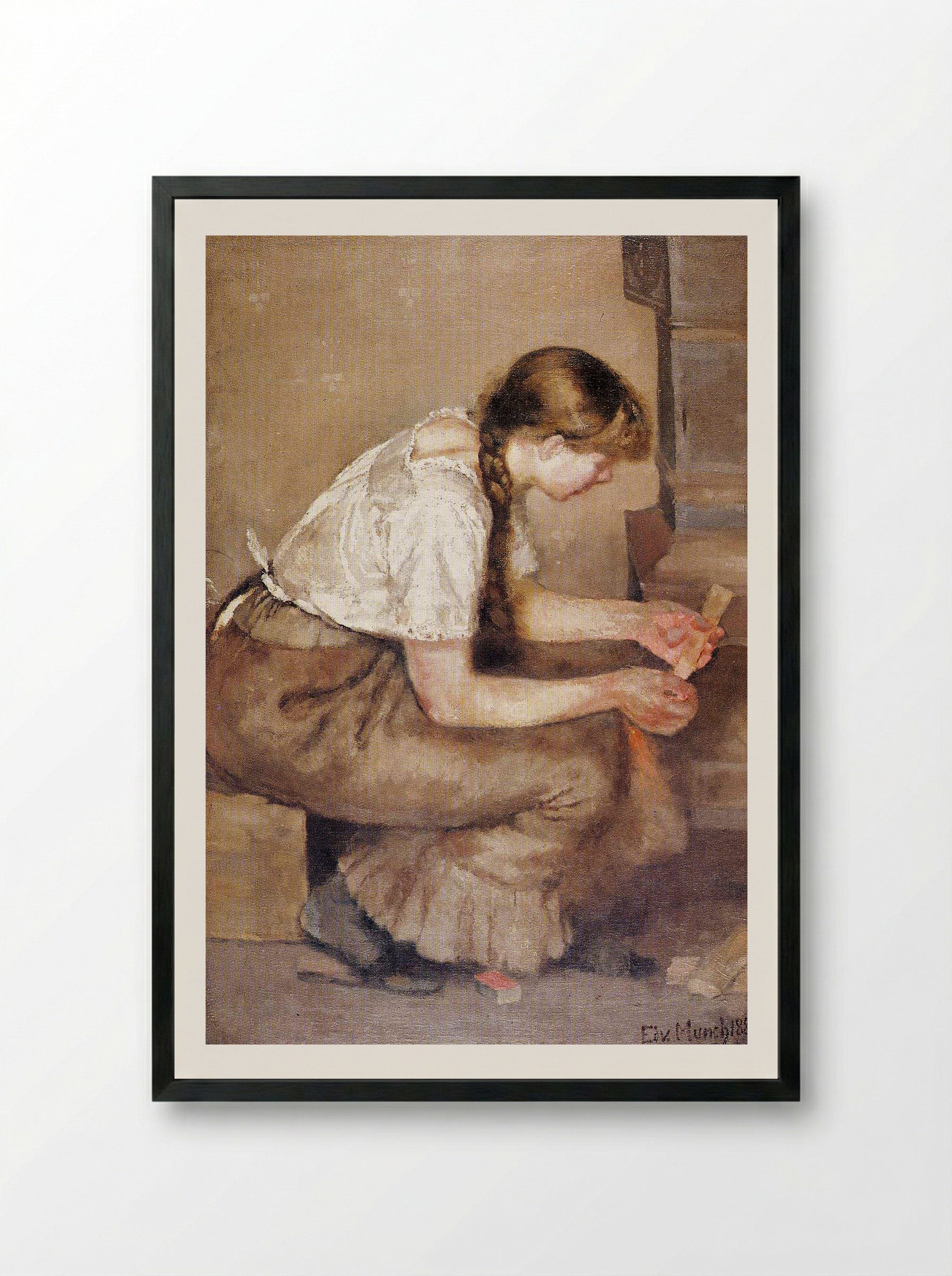Girl Kindling a Stove - Edvard Munch - Framed Print Black