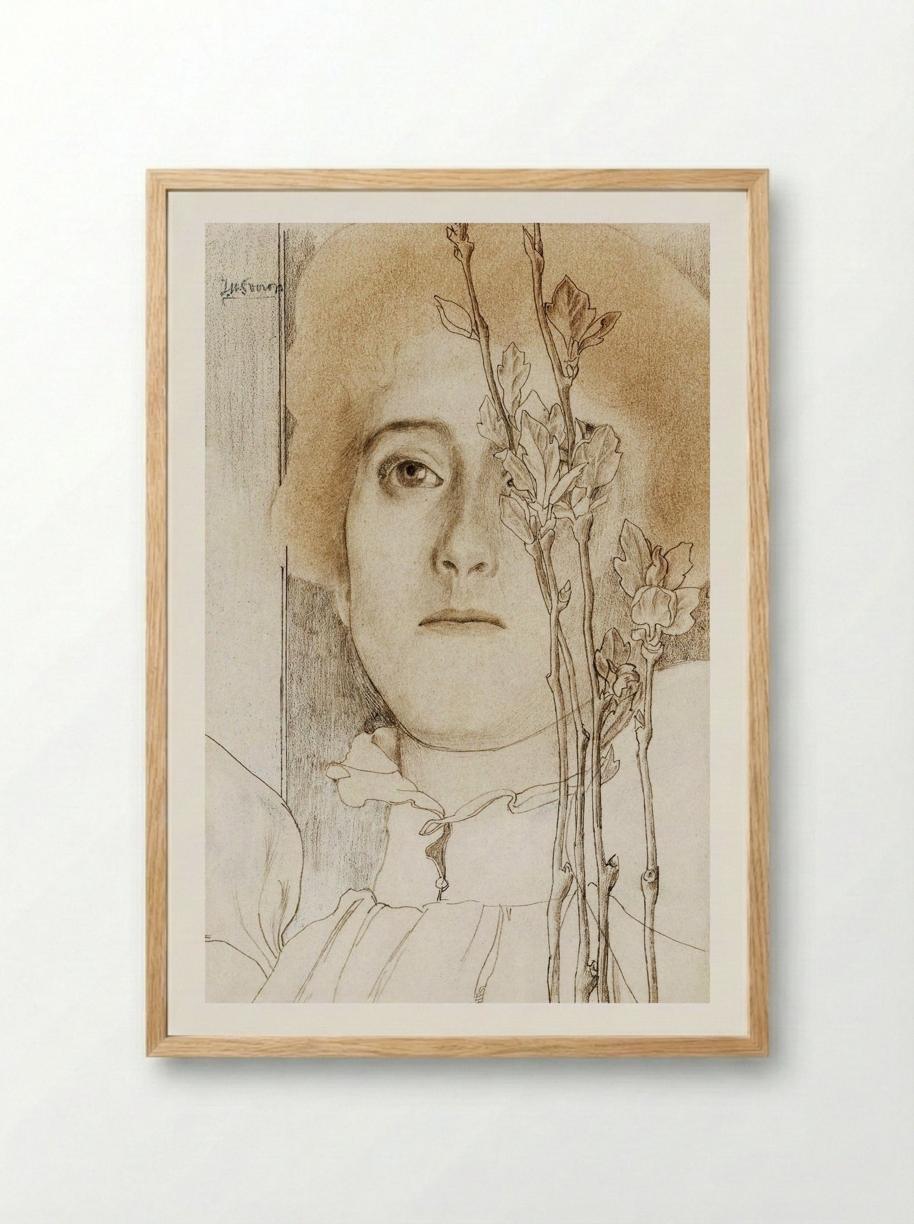 Portrait of an Unknown Woman with Flowering Branch - Jan Toorop - Framed Print Wood