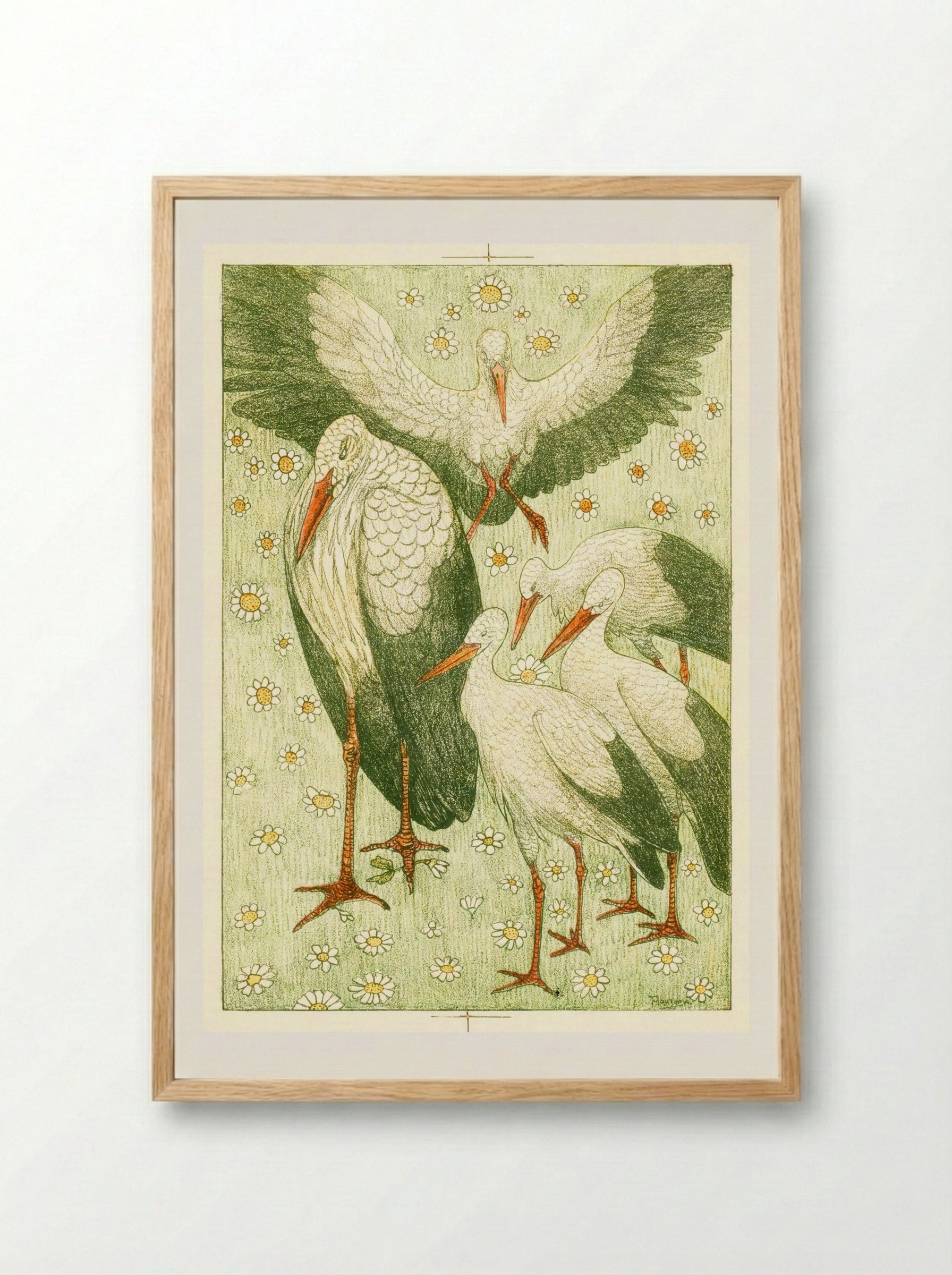 Vijf ooievaars in een wei (Five Storks in a Meadow) - Theo van Hoytema - Framed Print Wood