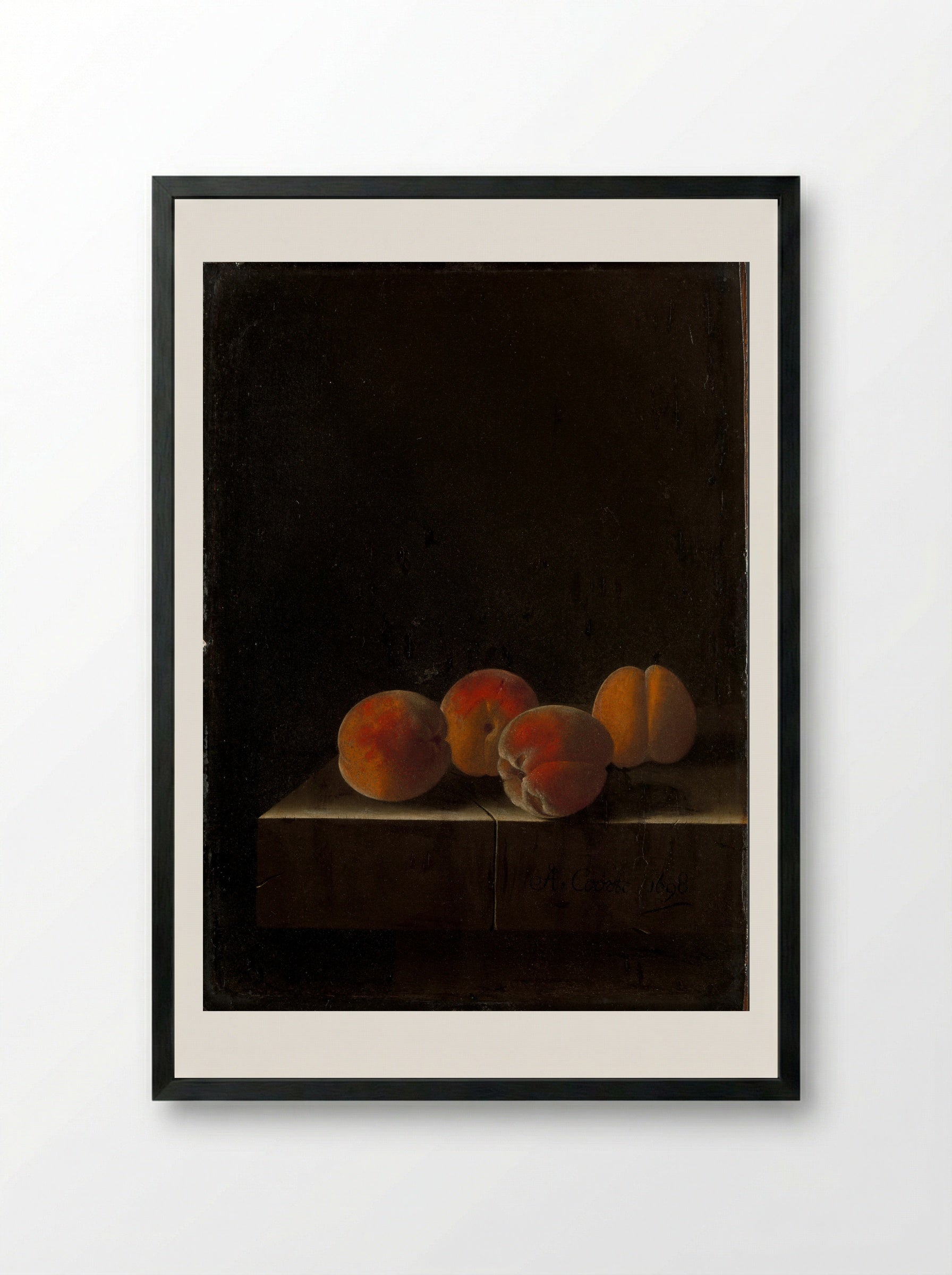 Four Apricots on a Stone Plinth - Adriaen Coorte - Framed Print Black