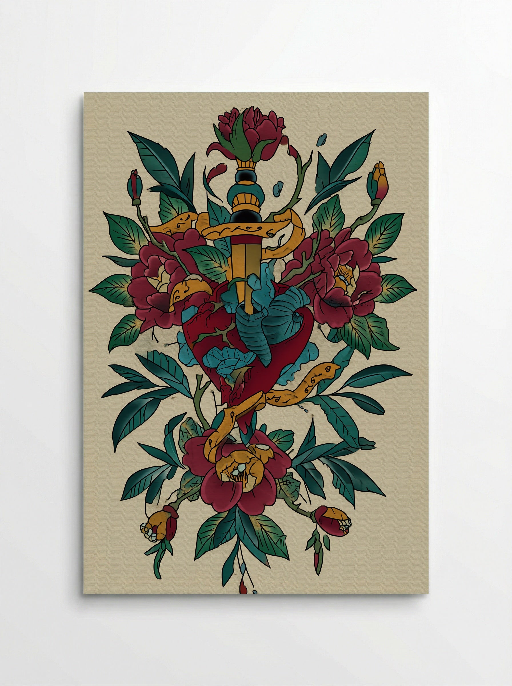 Dagger Through Heart and Flowers - Neo Traditional Tattoo Print - Poster