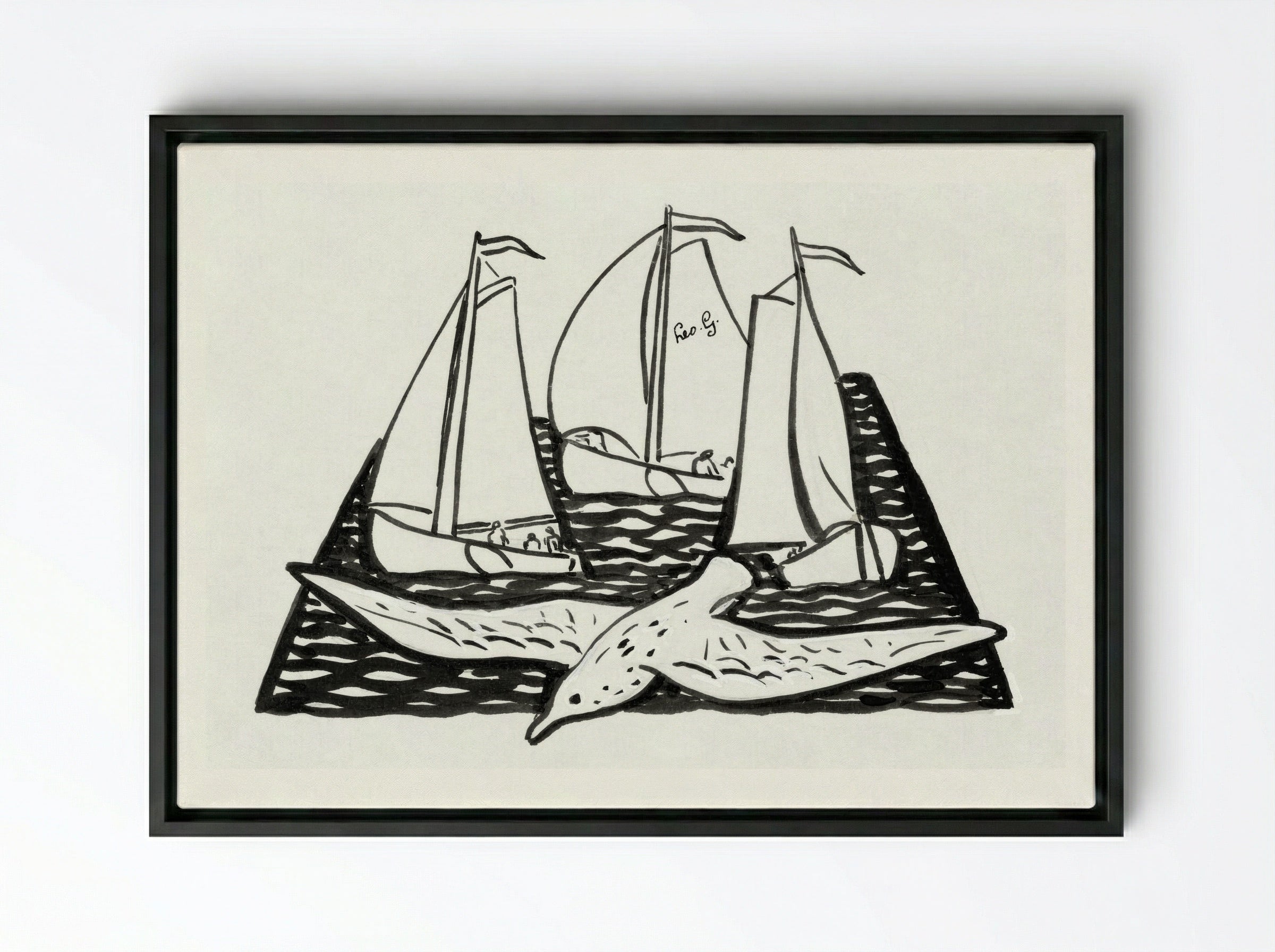 Three Sailing Ships and a Seagull - Leo Gestel - Framed Canvas Black
