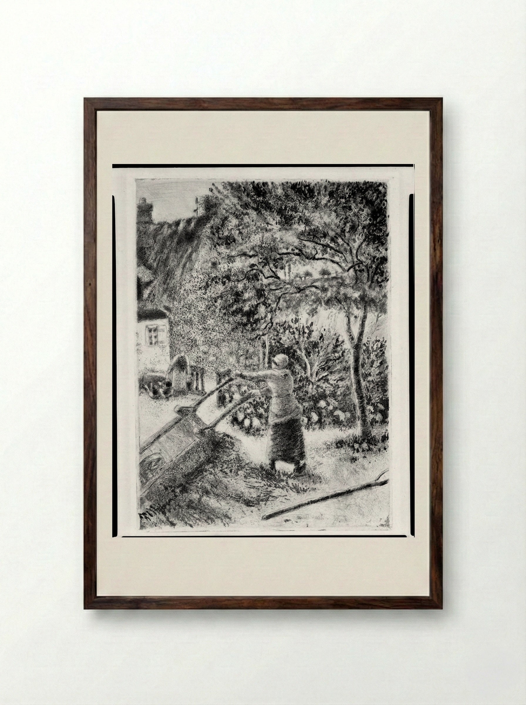 Woman Emptying a Wheelbarrow - Camille Pissarro - Framed Print Dark Wood