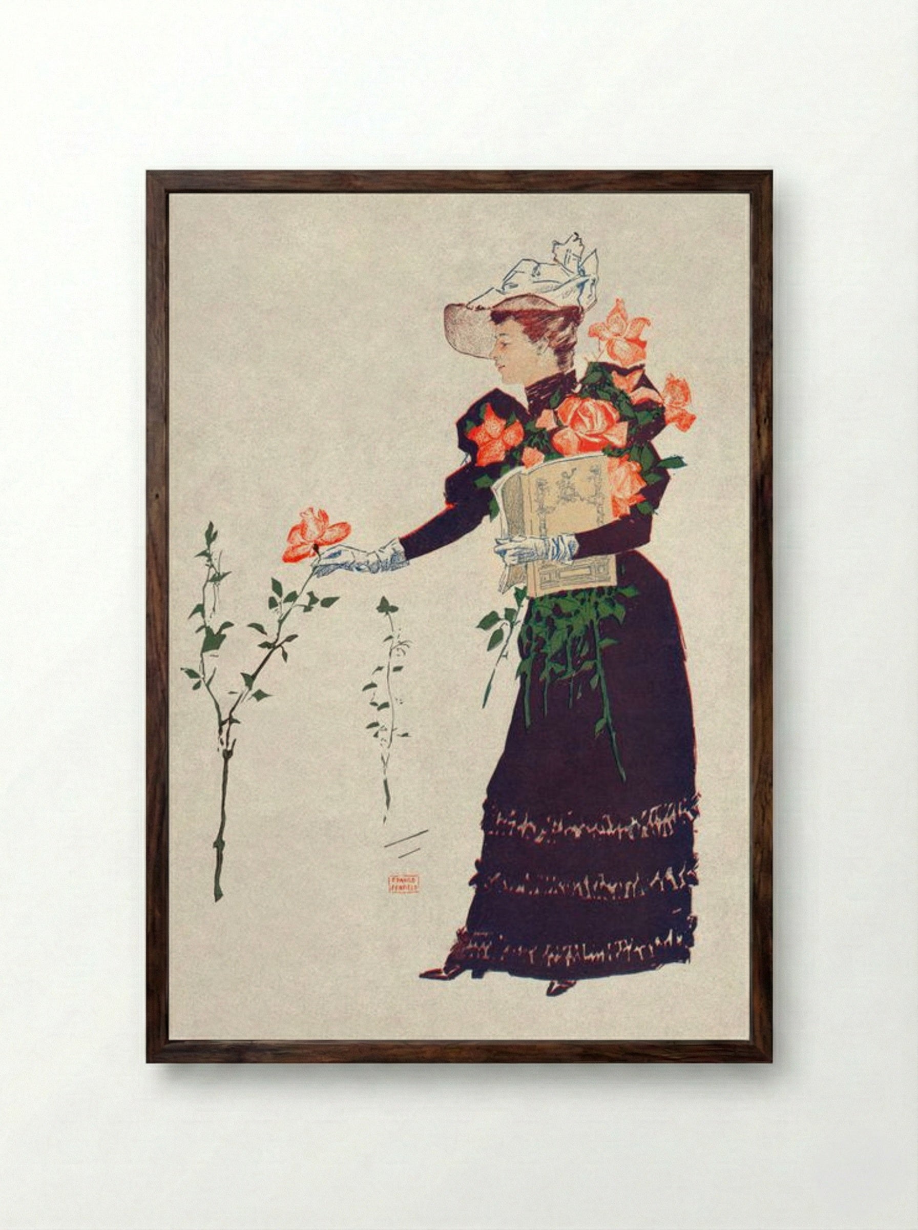 Woman Picking Up Flowers - Edward Penfield - Framed Print Dark Wood