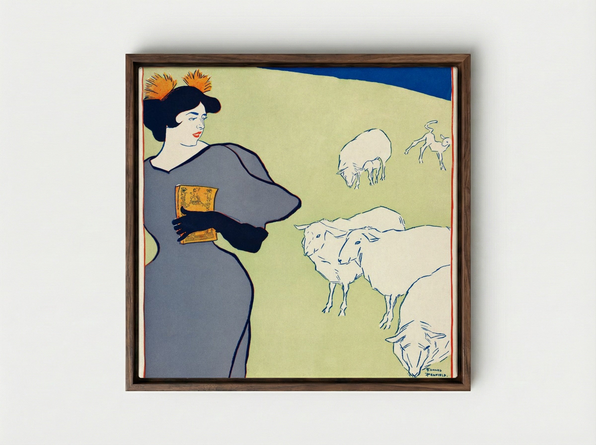 Woman and Sheep - Edward Penfield - Framed Canvas Dark Wood