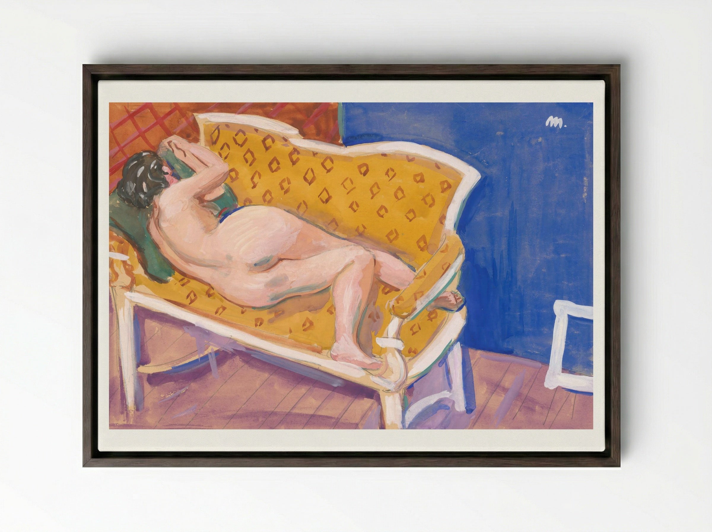 Reclining Nude on Yellow Sofa - Cyprián Majerník - Framed Canvas Dark Wood