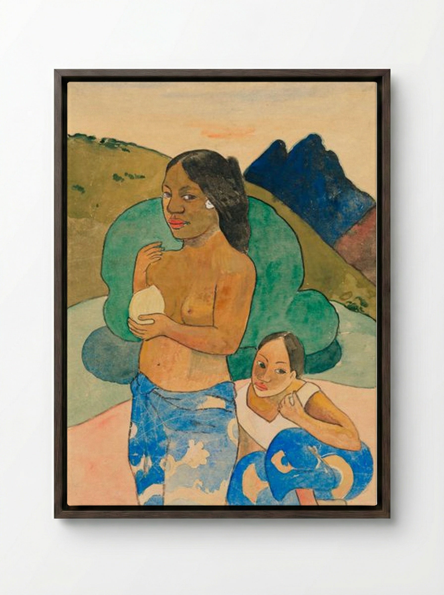 Two Tahitian Women in a Landscape - Paul Gauguin - Framed Canvas Dark Wood