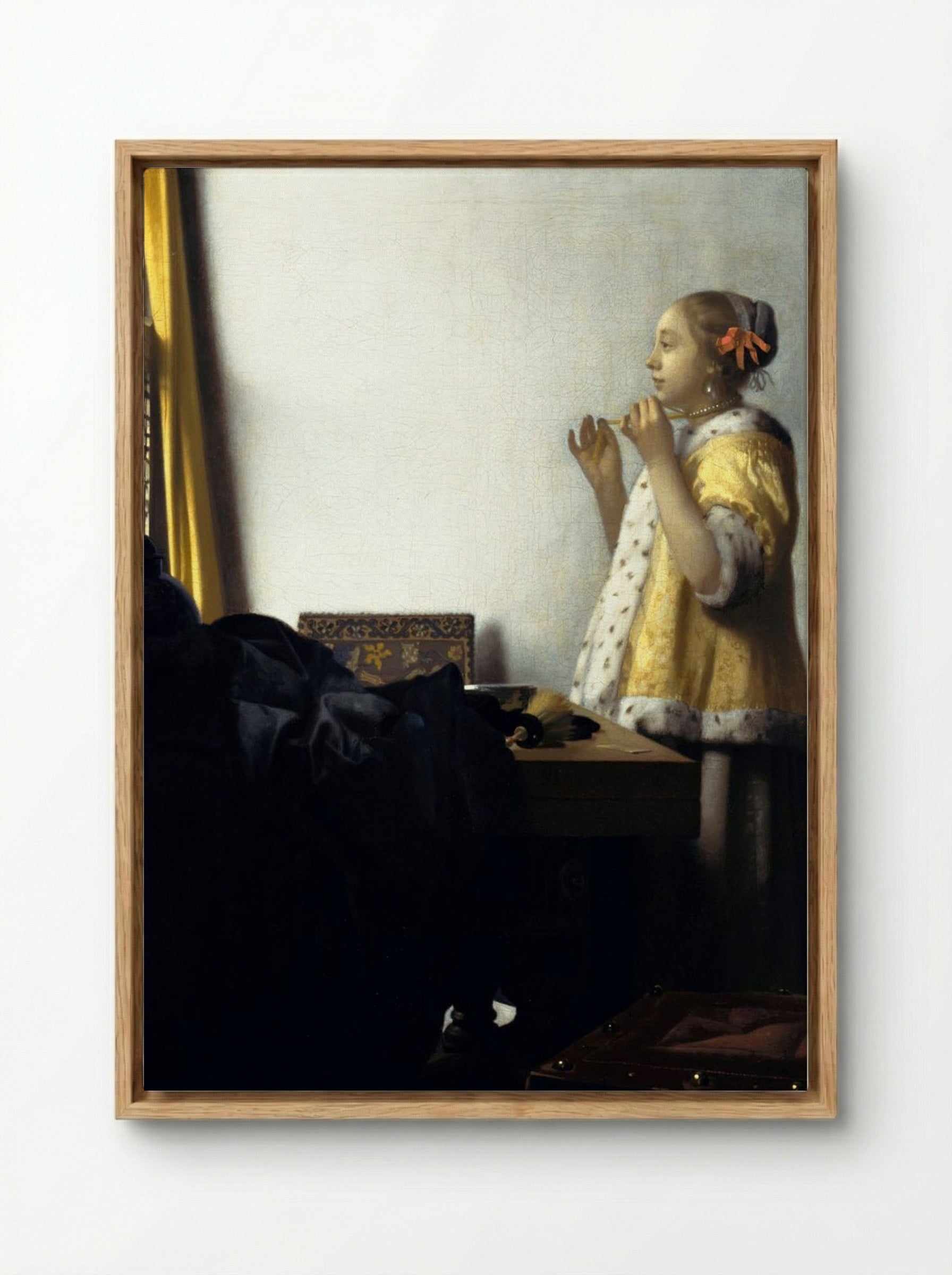 Young Woman with a Pearl Necklace - Johannes Vermeer - Framed Canvas Wood