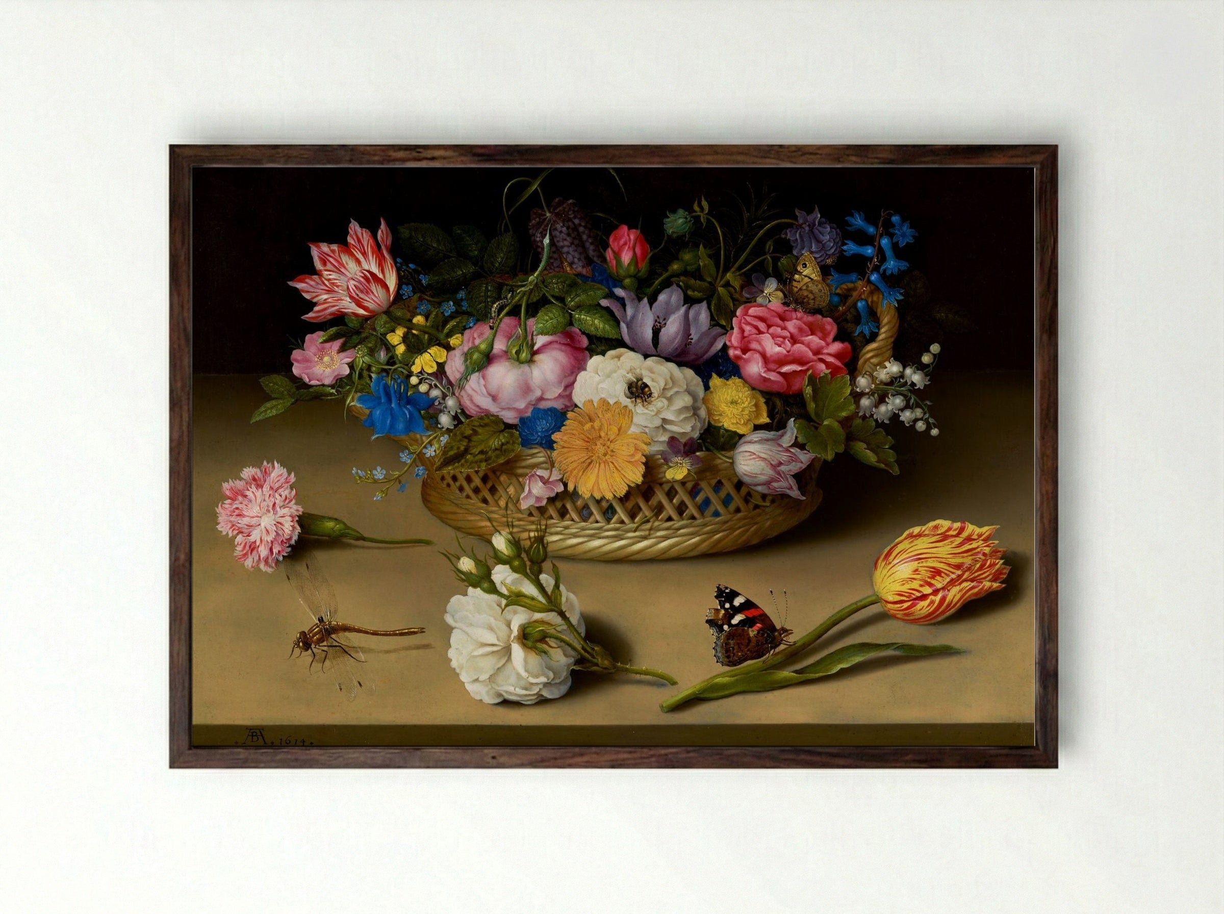 Flower Still Life in a Basket - Ambrosius Bosschaert the Elder - Framed Print Dark Wood