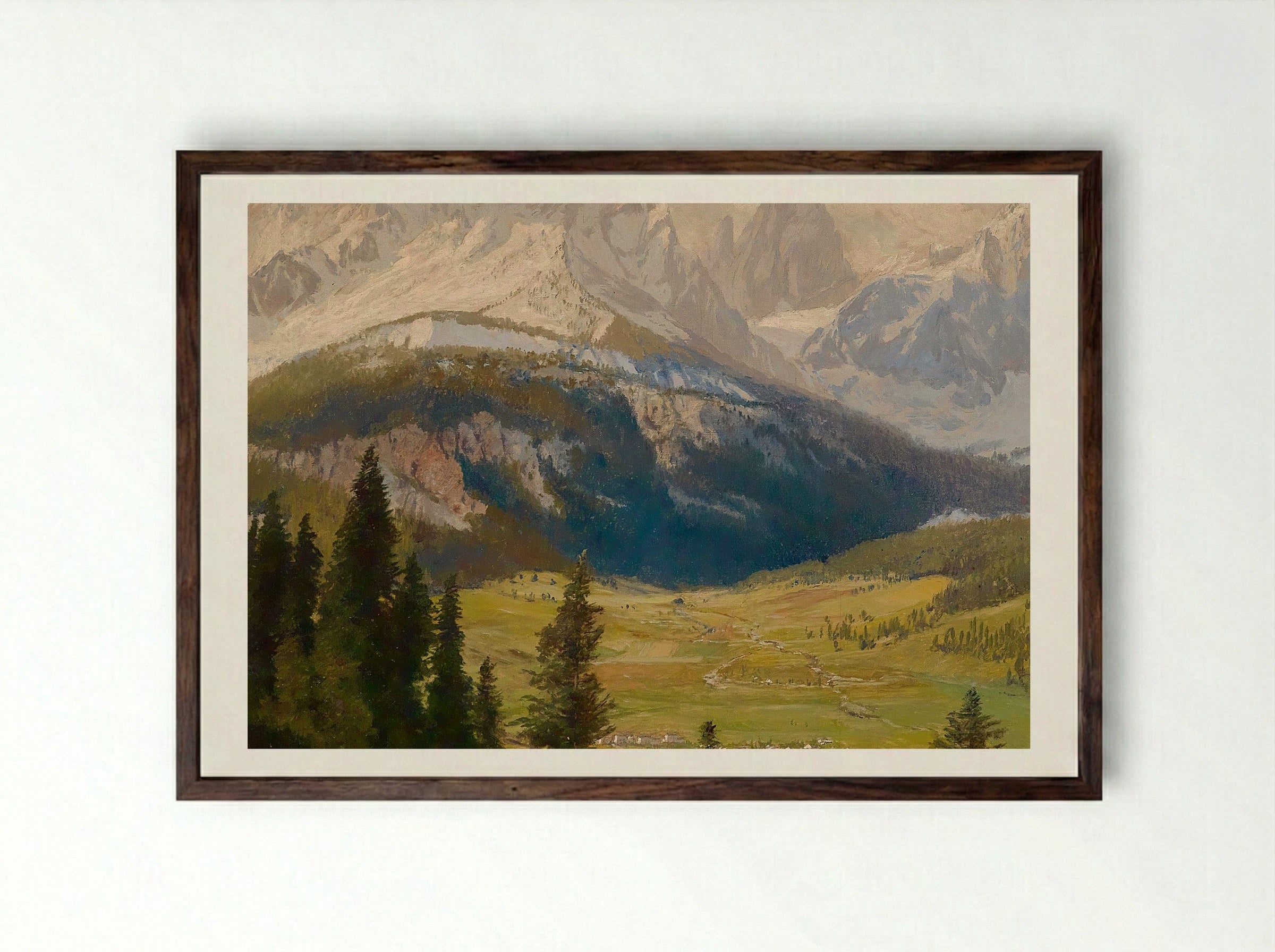 Sexten Village, Sexten Sundial, Sexten Dolomites, and the Fischleital Valley - Karl Köck - Framed Print Dark Wood