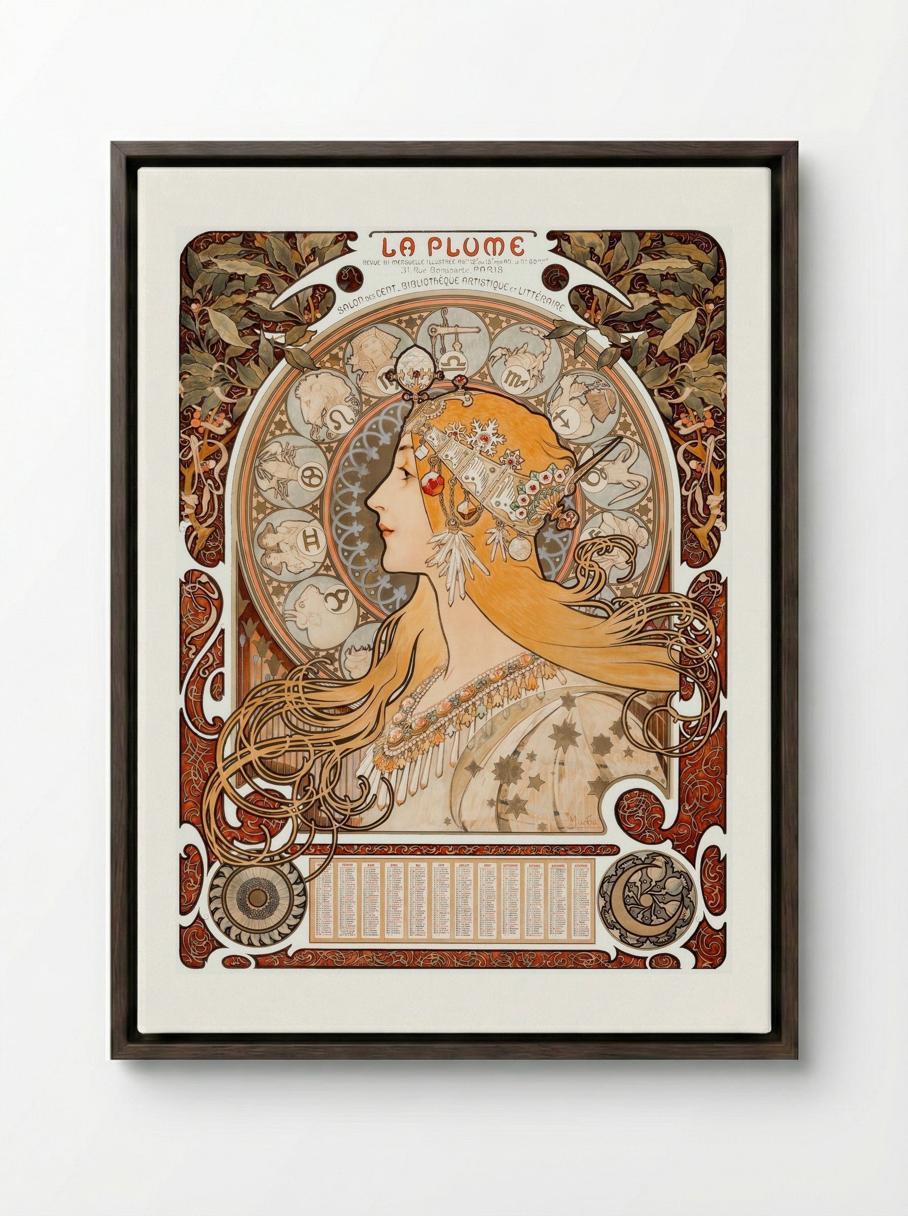 Zodiaque (La Plume) - Alphonse Mucha - Framed Canvas Dark Wood