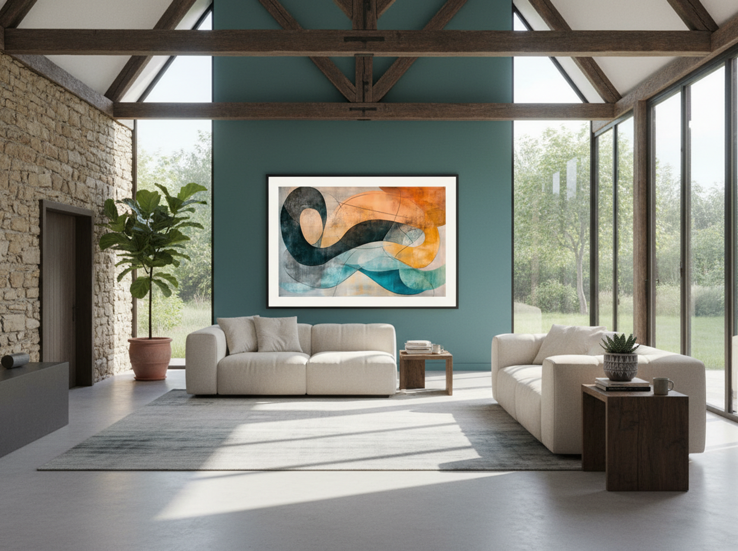 Coastal Motion – Abstract Flow in Teal, Ochre and Charcoal - Lifestyle