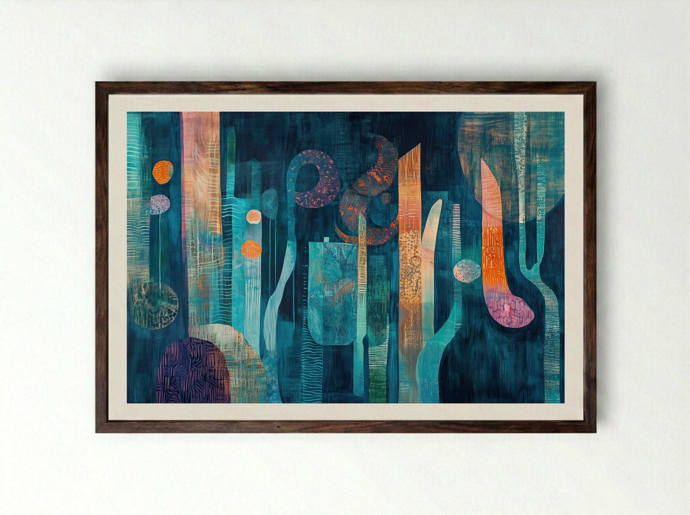 Deep Grove – Abstract Forest in Teal and Tangerine - Framed Print Dark Wood