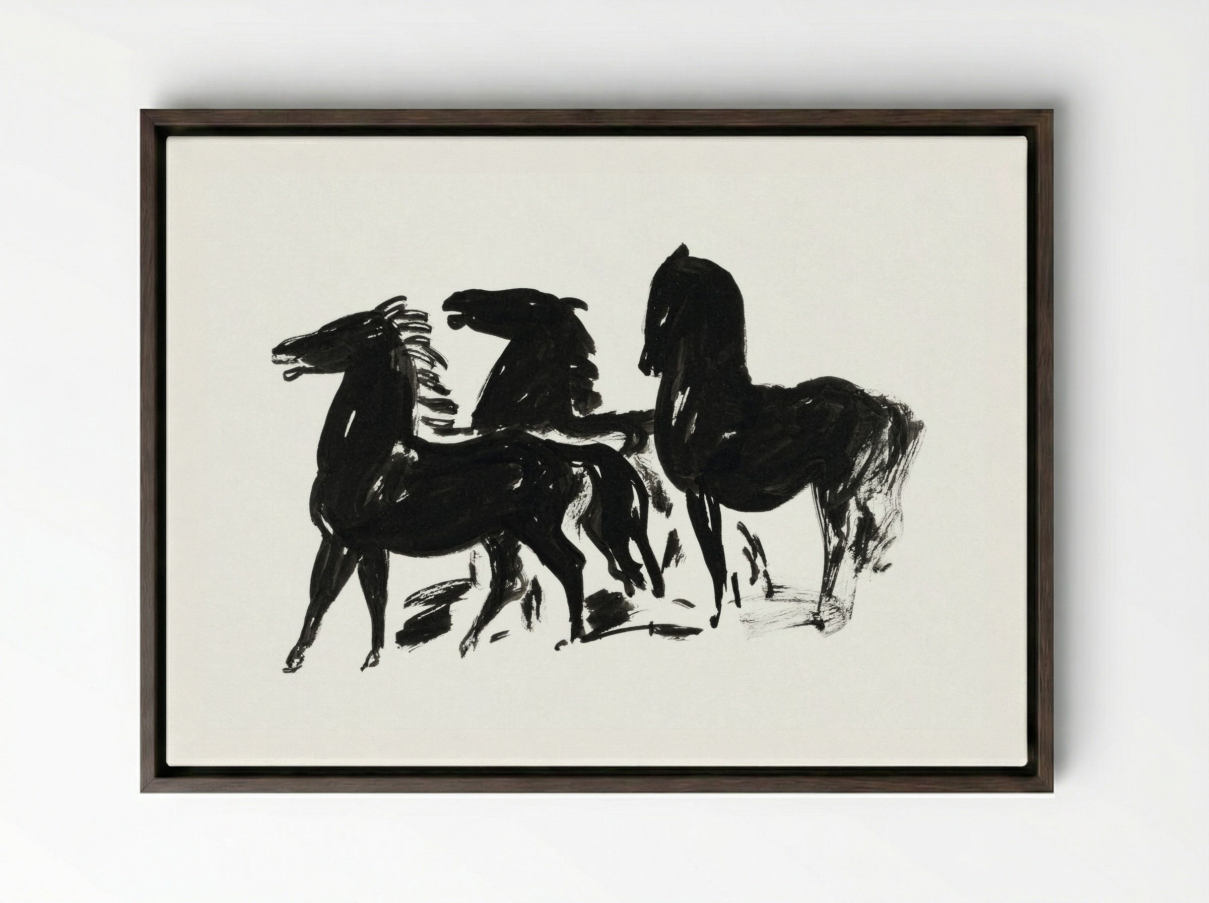 Three Black Horses Standing, Facing Left - Leo Gestel - Framed Canvas Dark Wood