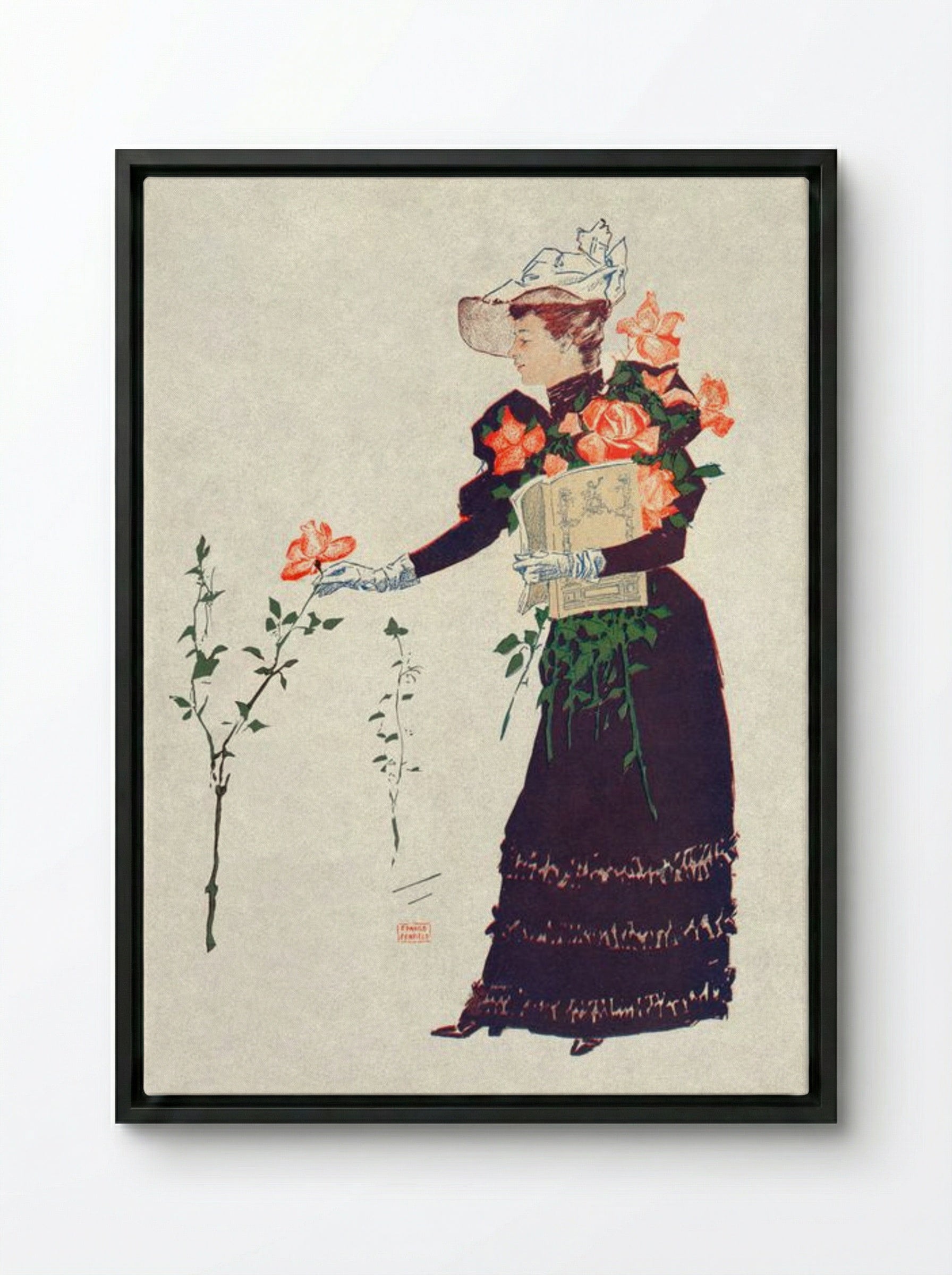 Woman Picking Up Flowers - Edward Penfield - Framed Canvas Black