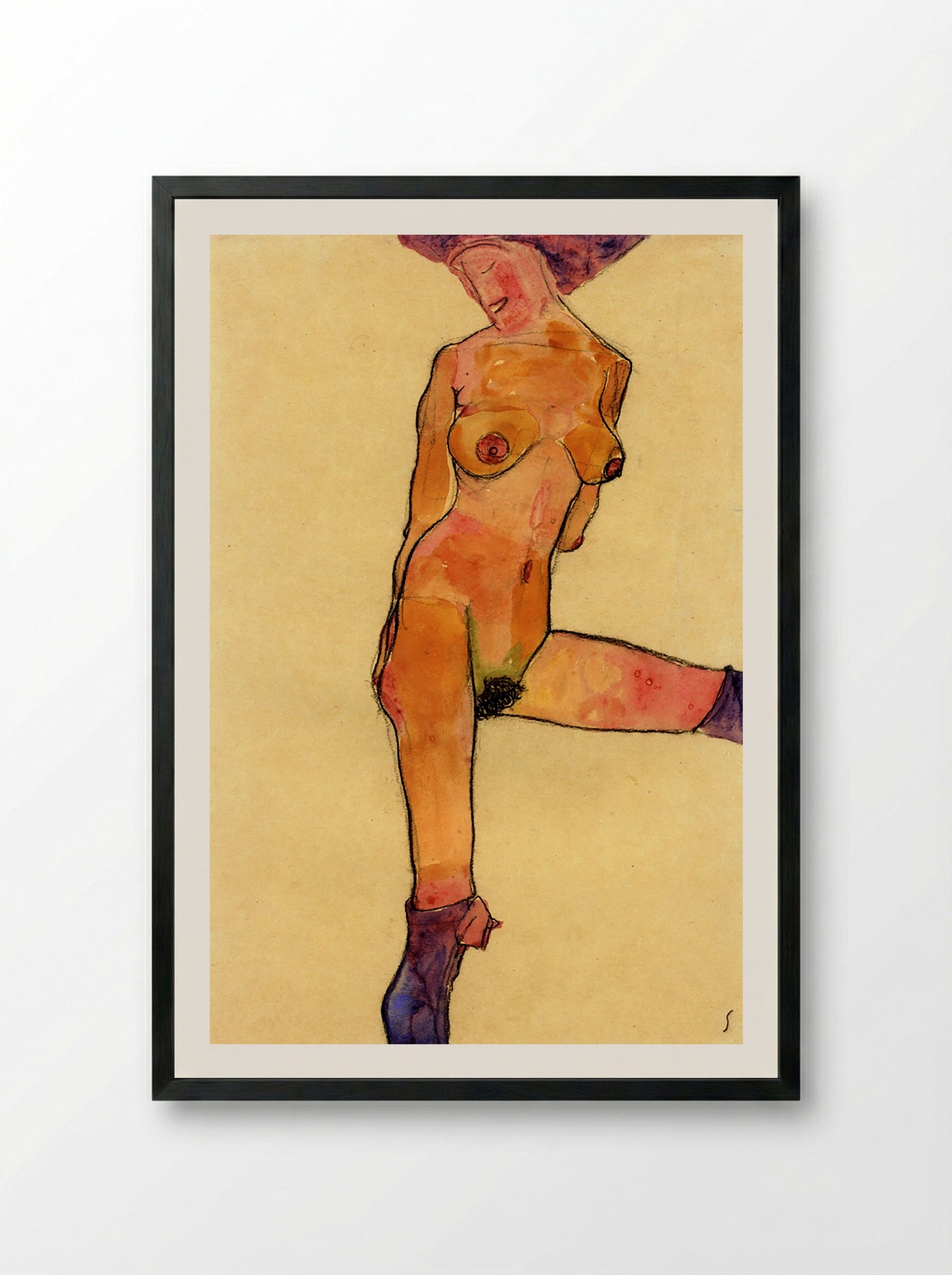 Female Nude with Violet Stockings - Egon Schiele - Framed Print Black