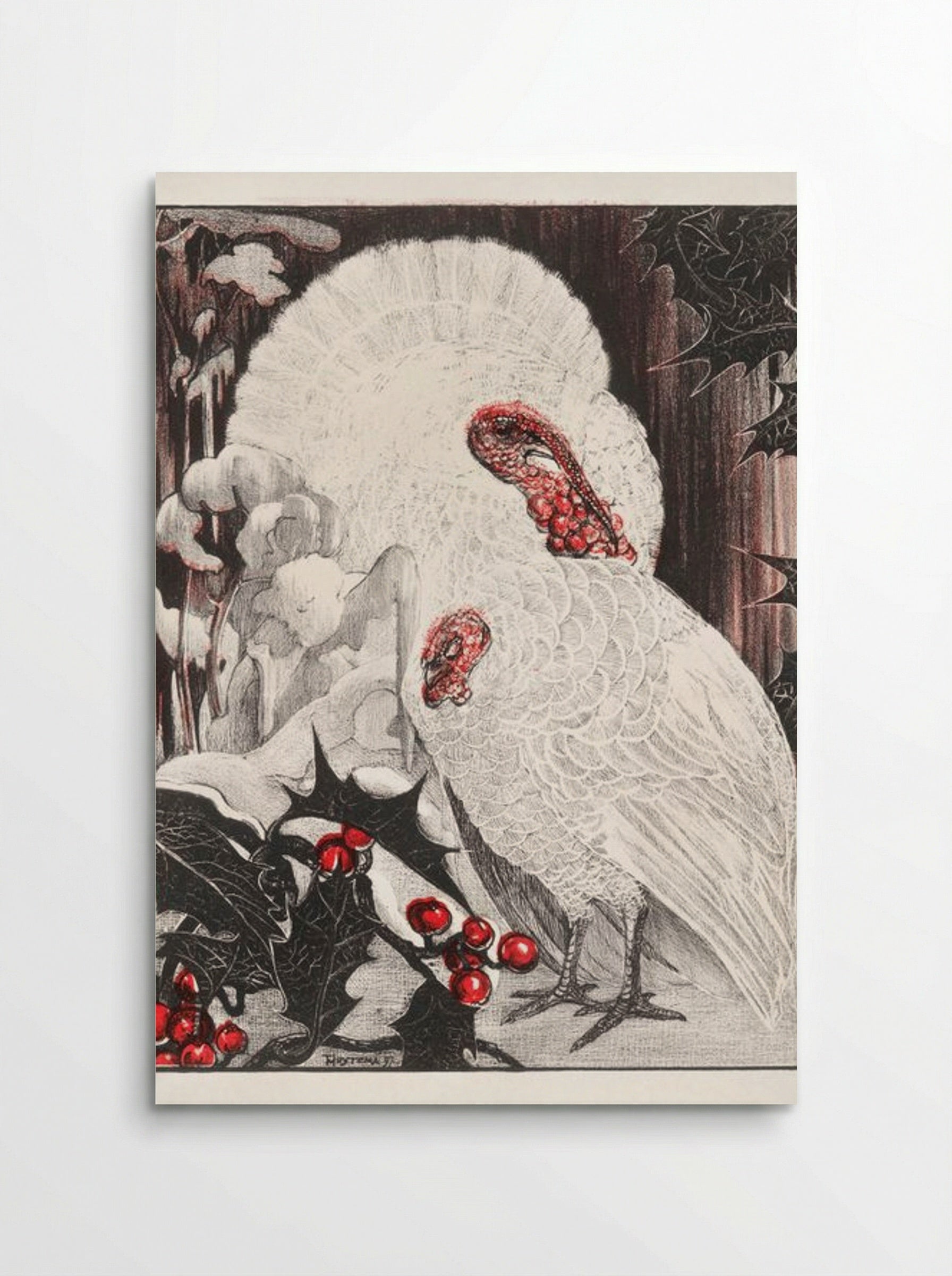 Two White Turkeys with Holly Branches in the Snow - Theo van Hoytema - Poster