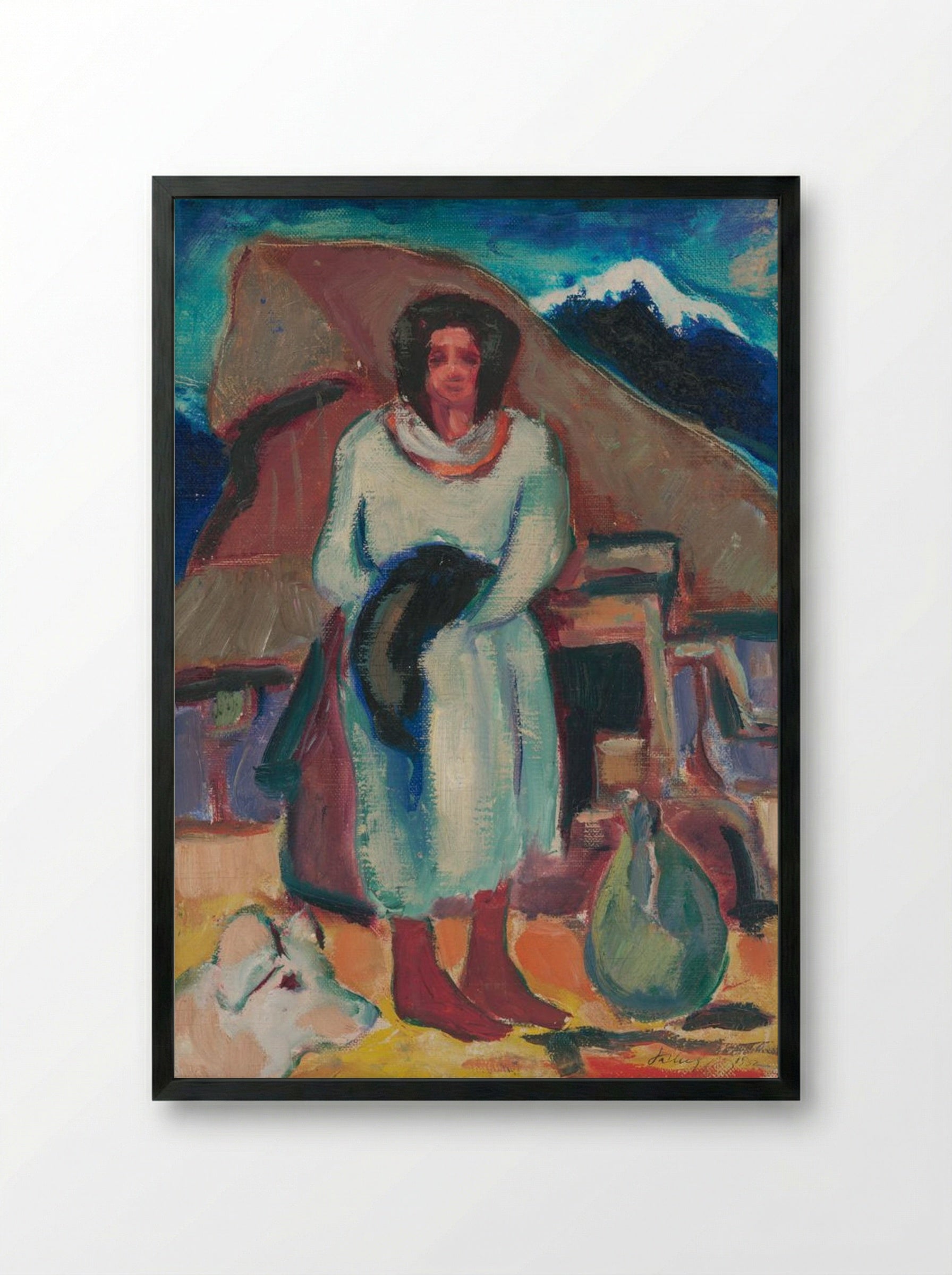 Study of a Village Girl in Front of a Cottage - Zolo Palugyay - Framed Print Black