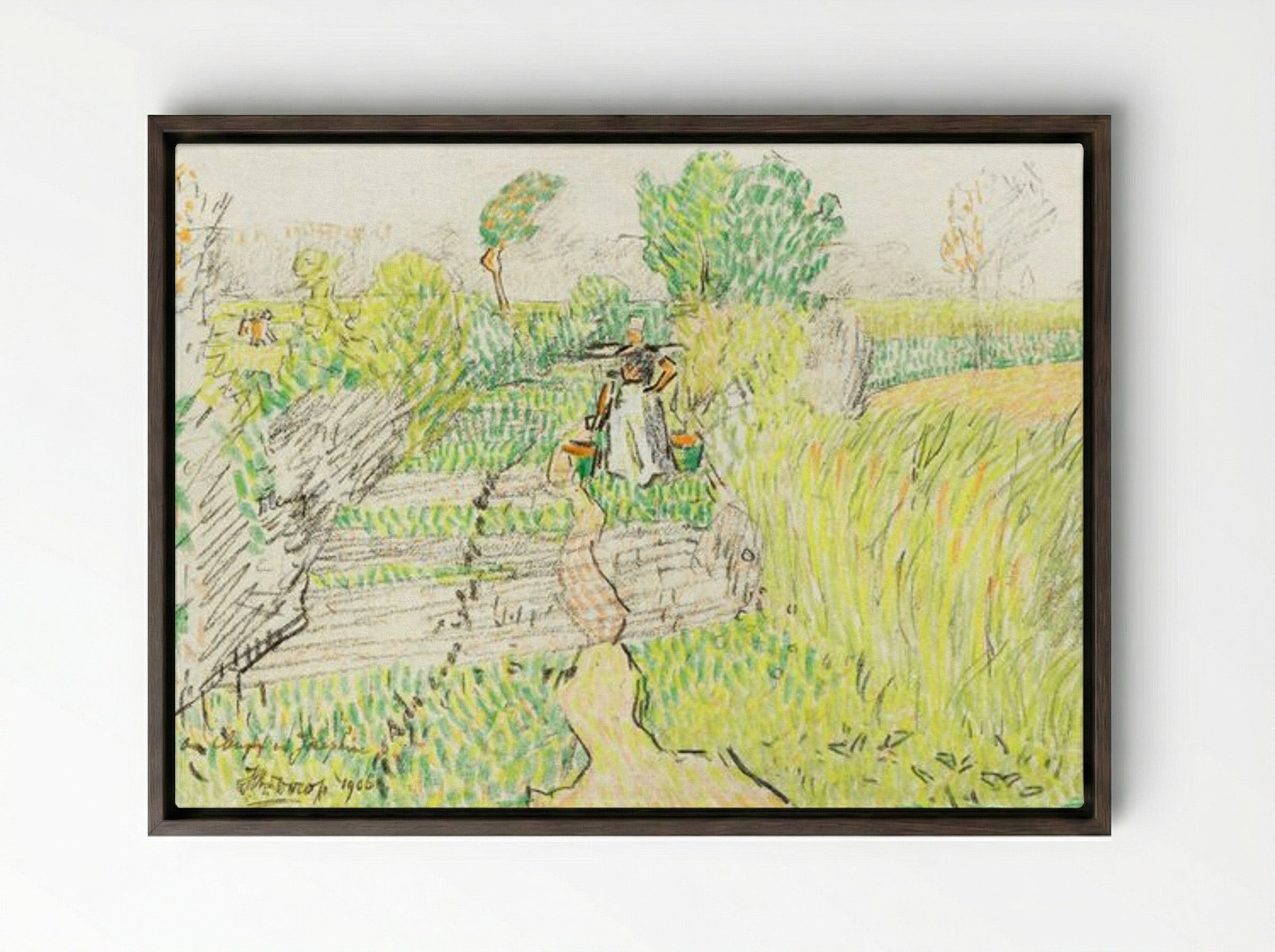 Peasant Woman with Milk Buckets in a Wheat Field - Jan Toorop - Framed Canvas Dark Wood