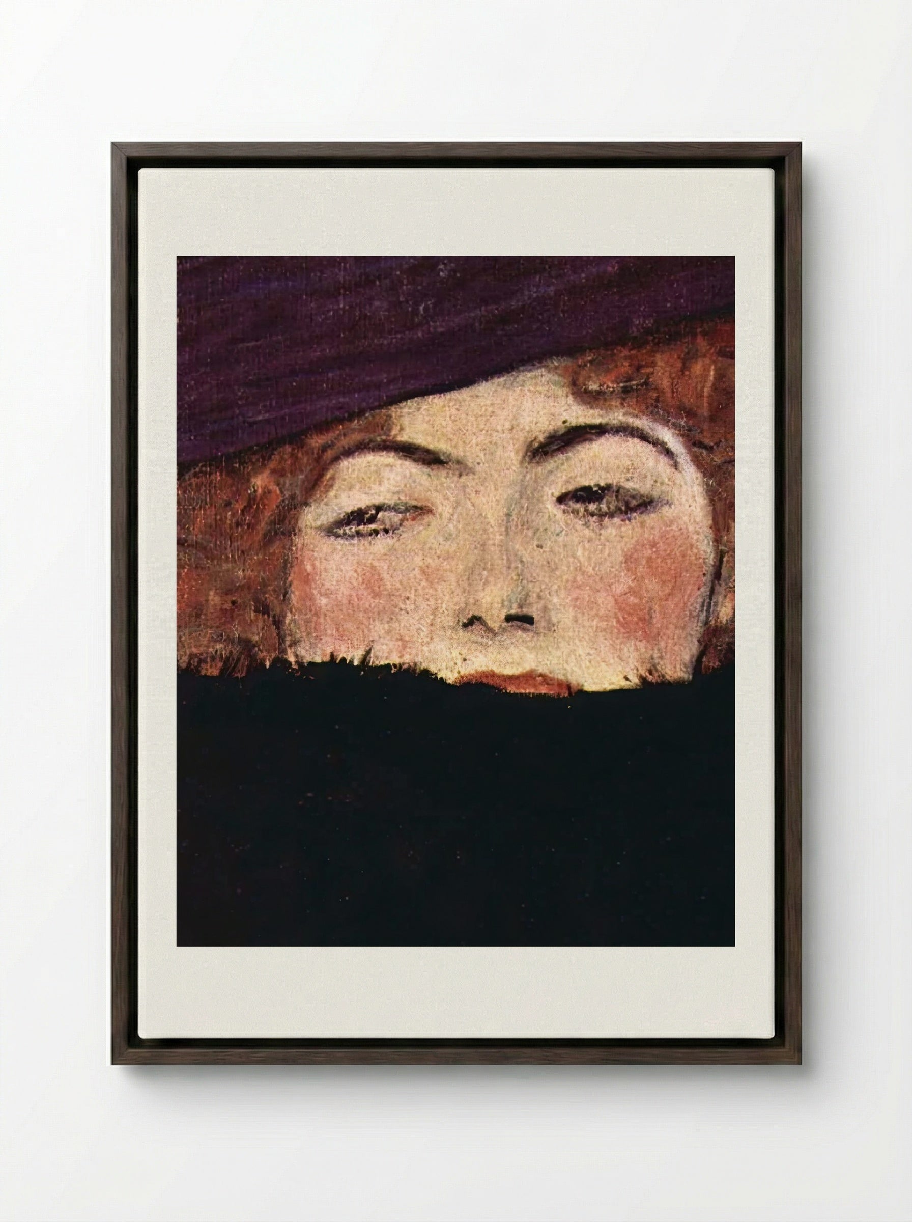 Dame mit Hut und Federboa - Gustav Klimt - Framed Canvas Dark Wood