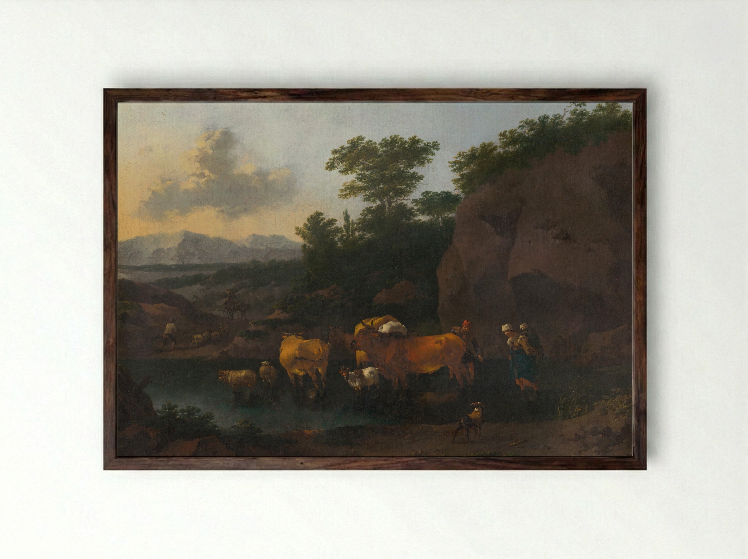 Italianate Landscape with Cattle Ford - Pieter van Bloemen - Framed Print Dark Wood