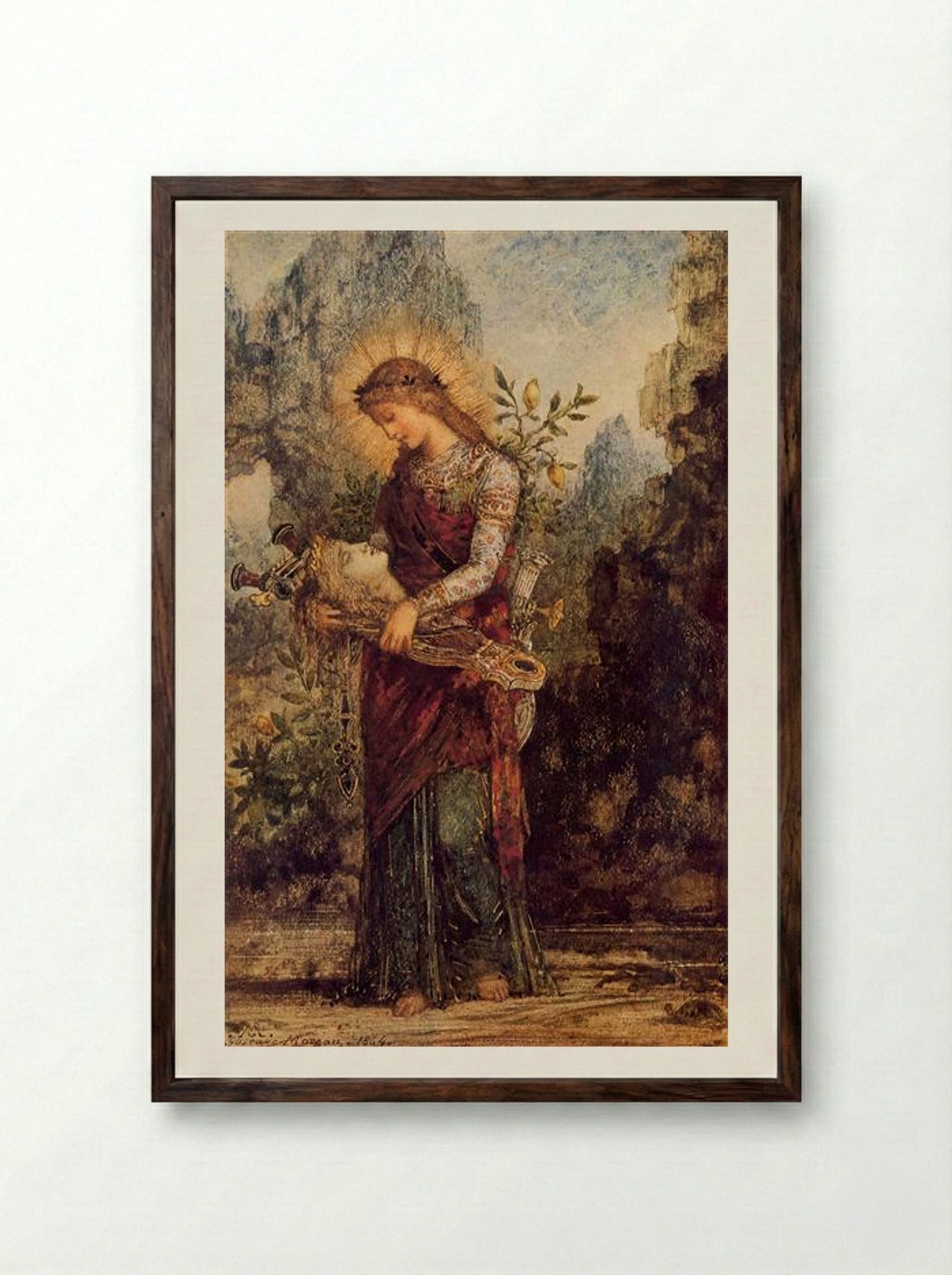 Thracian Girl Carrying the Head of Orpheus - Gustave Moreau - Framed Print Dark Wood