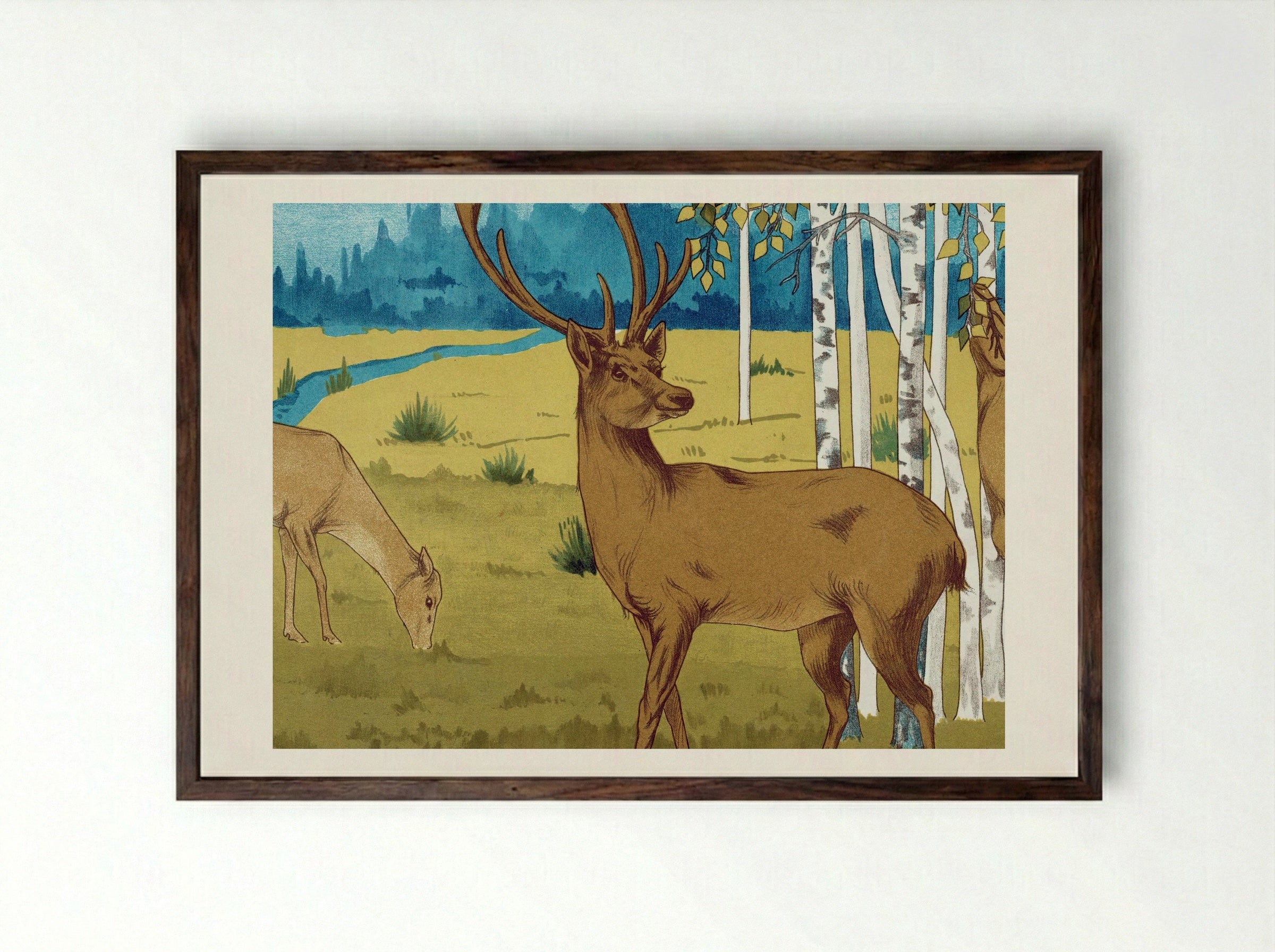 Cerfs (Deer) from L'animal dans la décoration - Maurice Pillard Verneuil - Framed Print Dark Wood