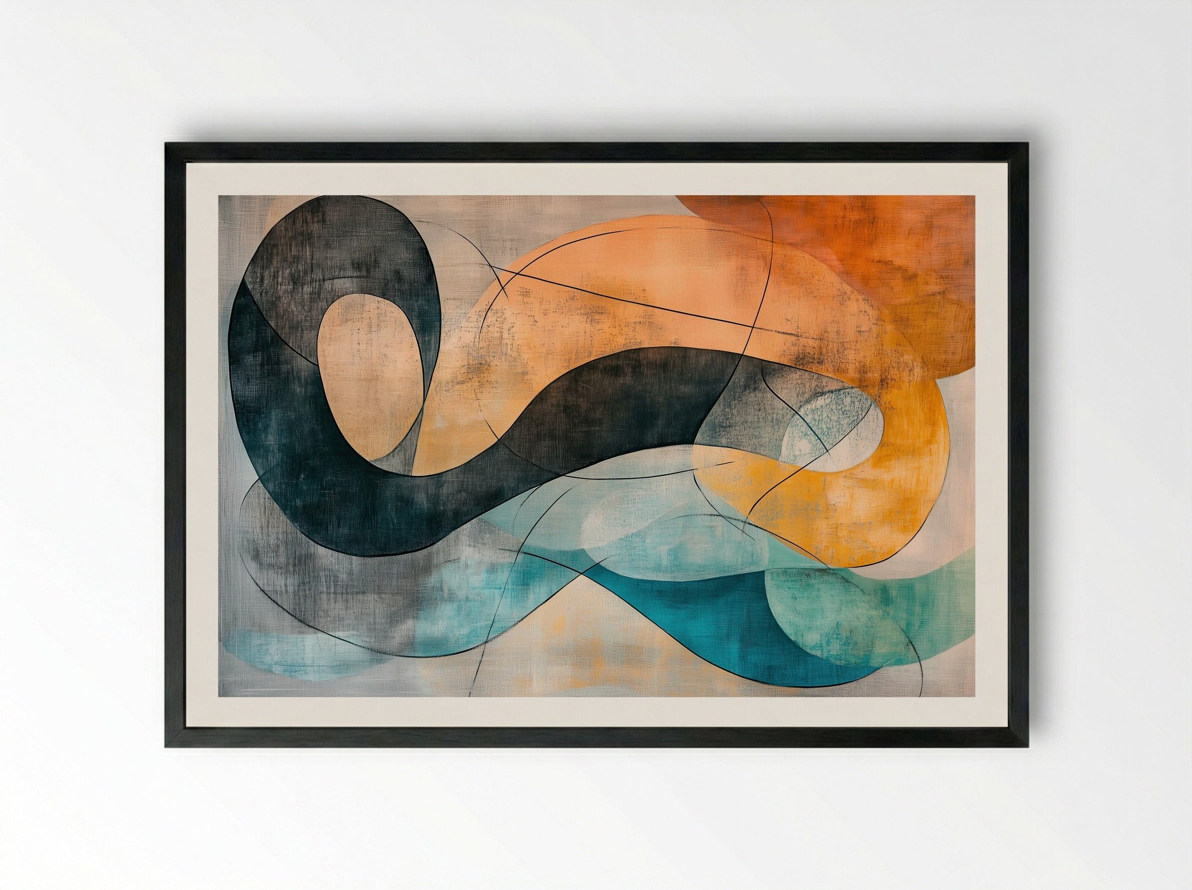 Coastal Motion – Abstract Flow in Teal, Ochre and Charcoal - Framed Print Black