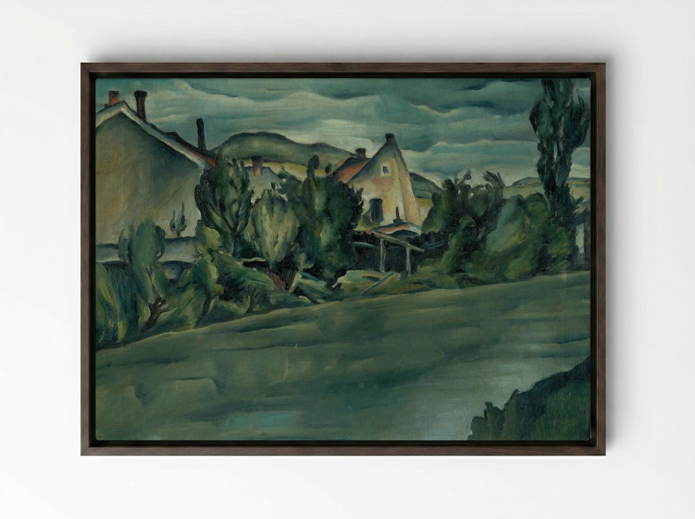 Landscape with Houses - Konstantin Bauer - Framed Canvas Dark Wood
