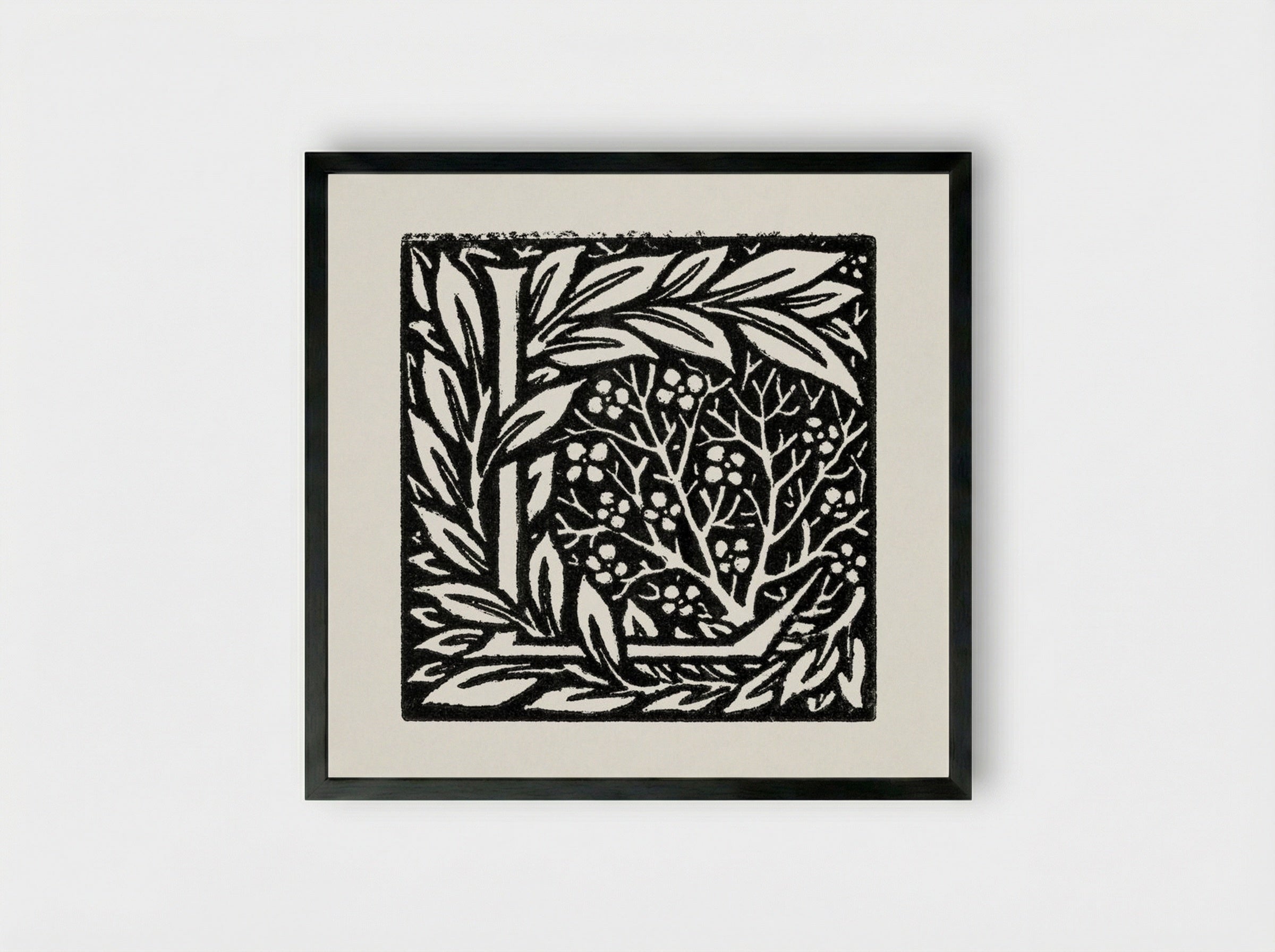 Love is Enough - Initial letter 'L' entwined with Laurel Leaves - William Morris - Framed Print Black