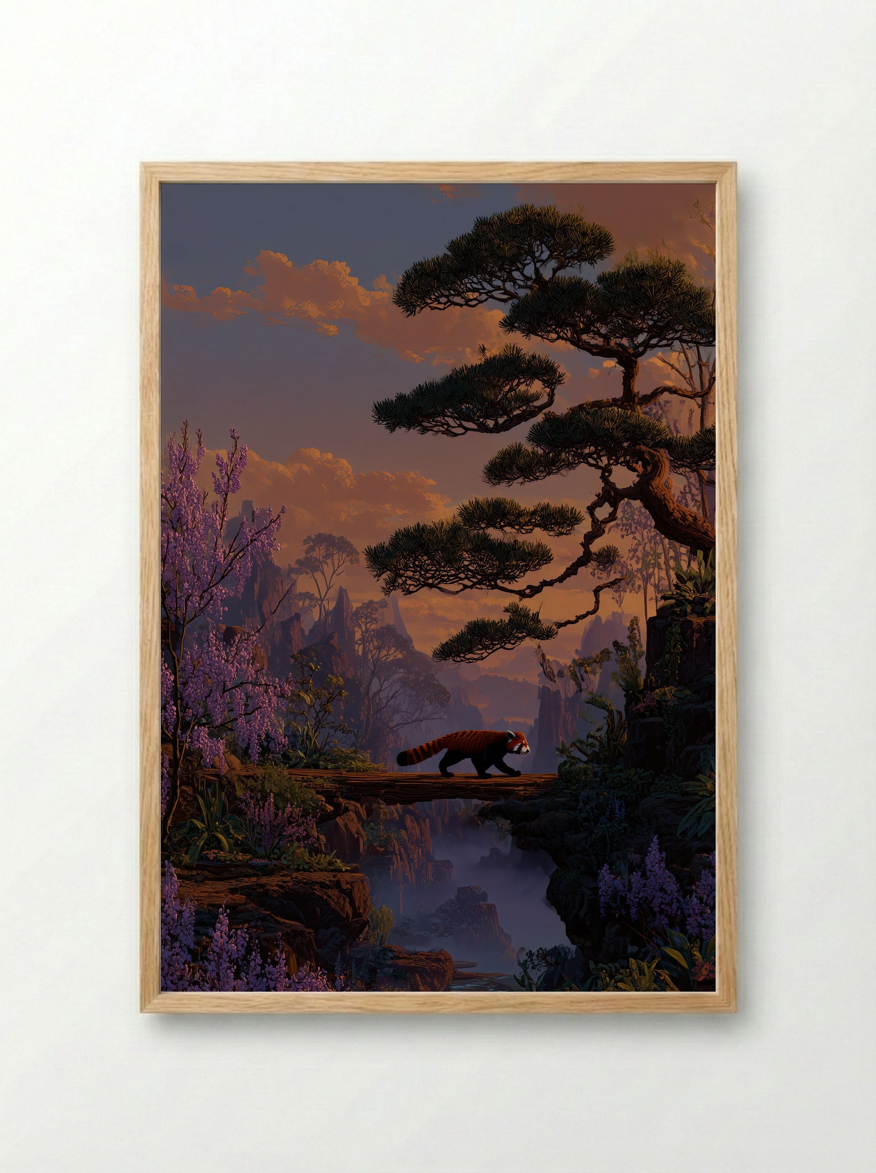 Red Panda Crossing – Tranquil Sunset Forest Art Print - Framed Print Wood