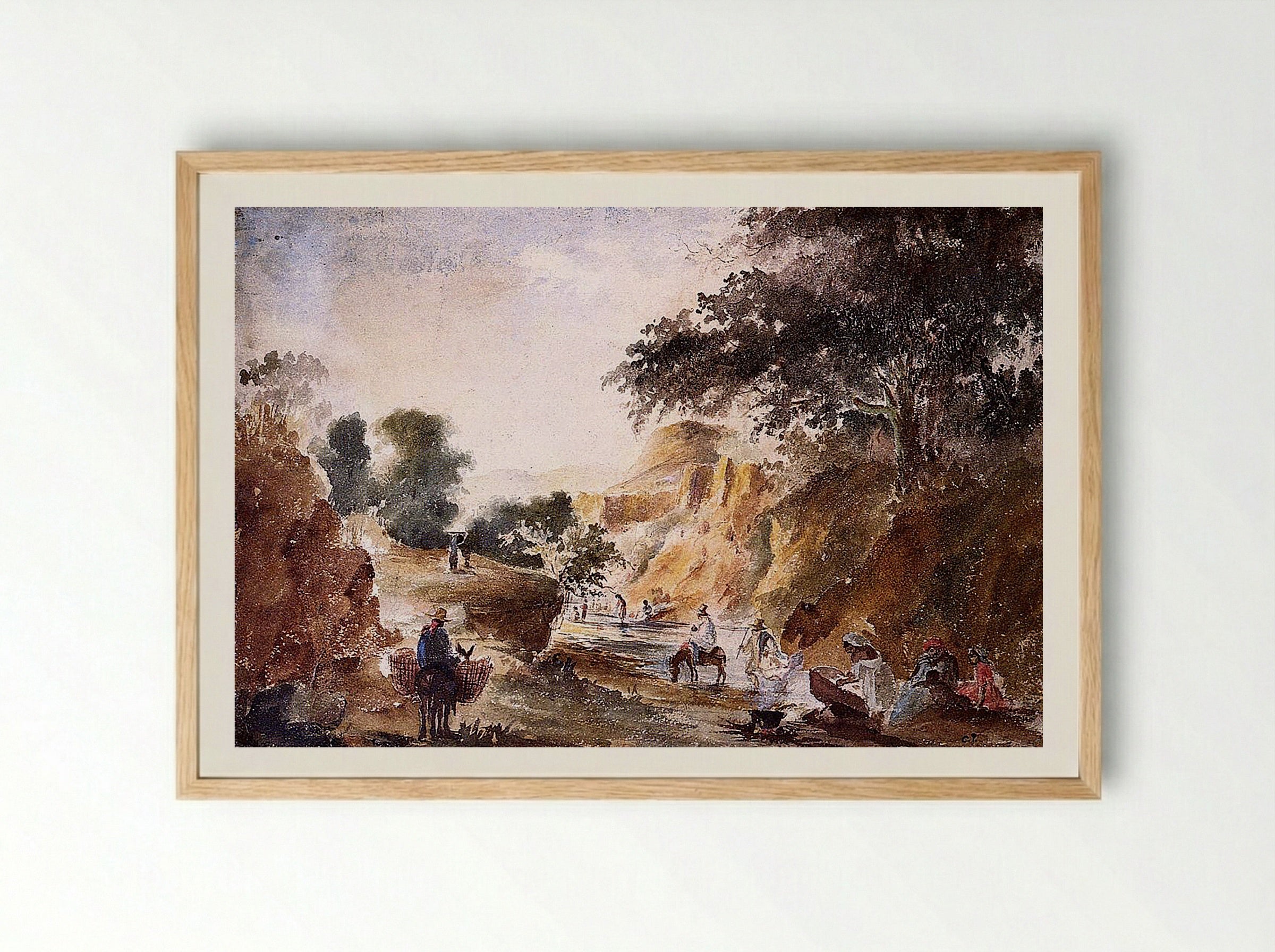 Landscape with Figures by a River - Fine Art Print - Framed Print Wood