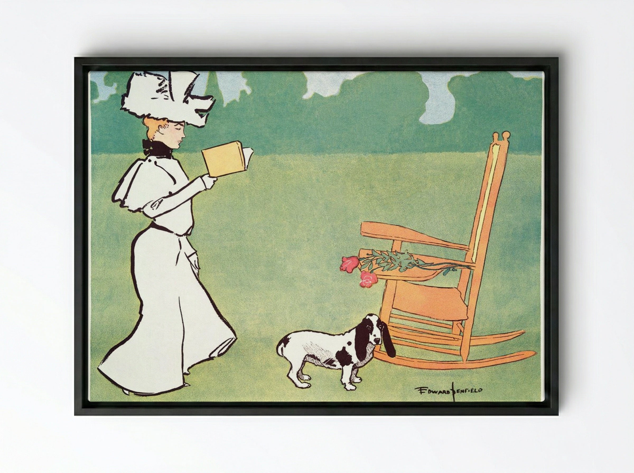 Woman Reading in the Garden - Edward Penfield - Framed Canvas Black
