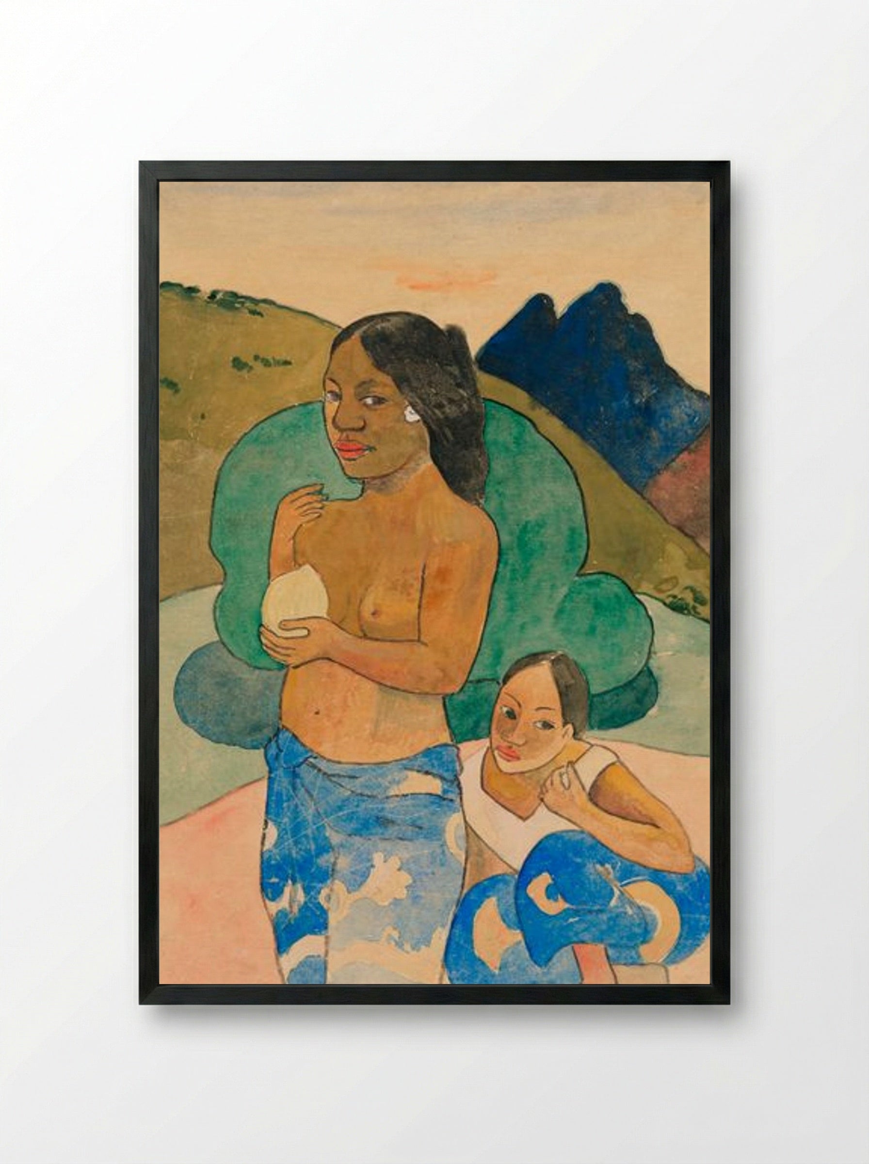 Two Tahitian Women in a Landscape - Paul Gauguin - Framed Print Black